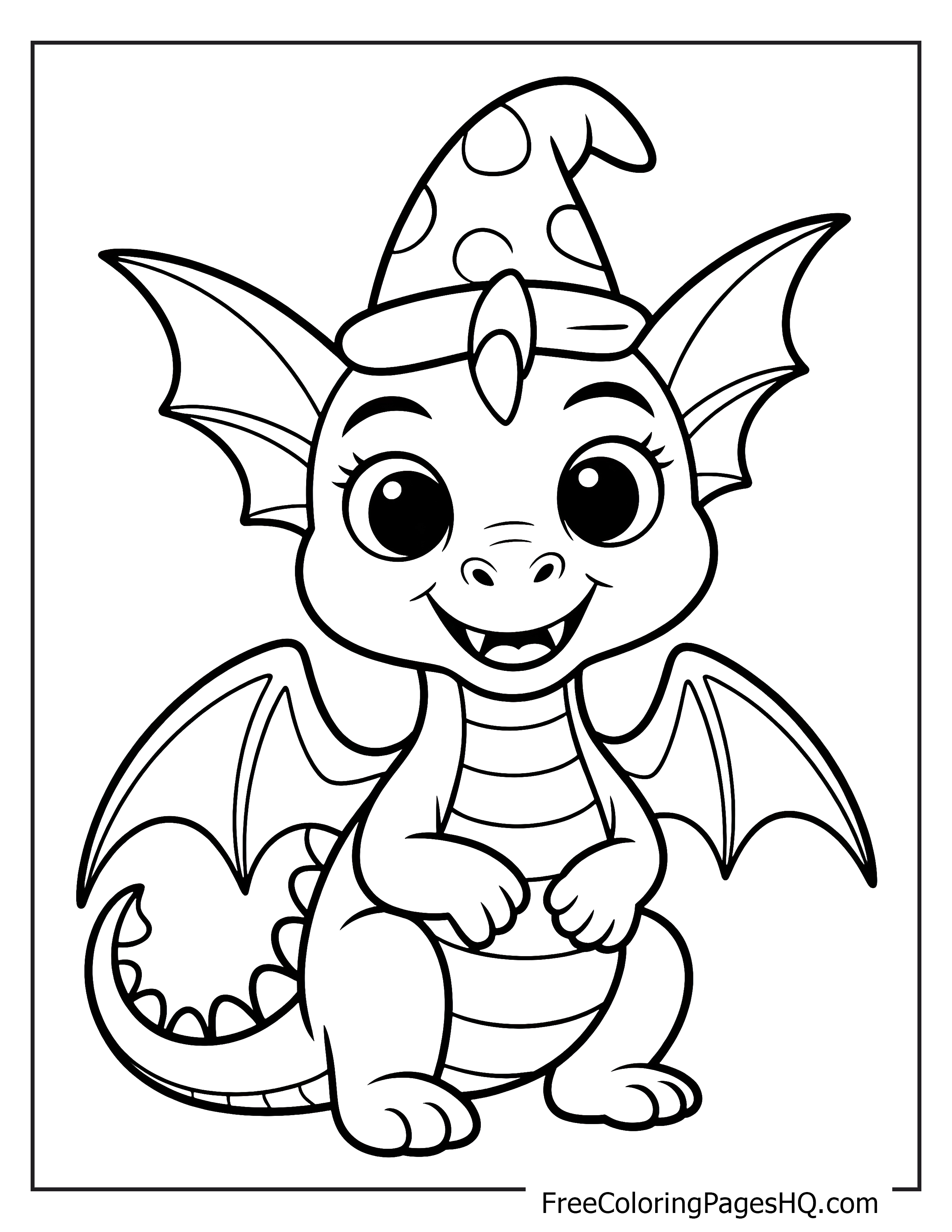 Smiling baby dragon wearing a playful polka dot hat.