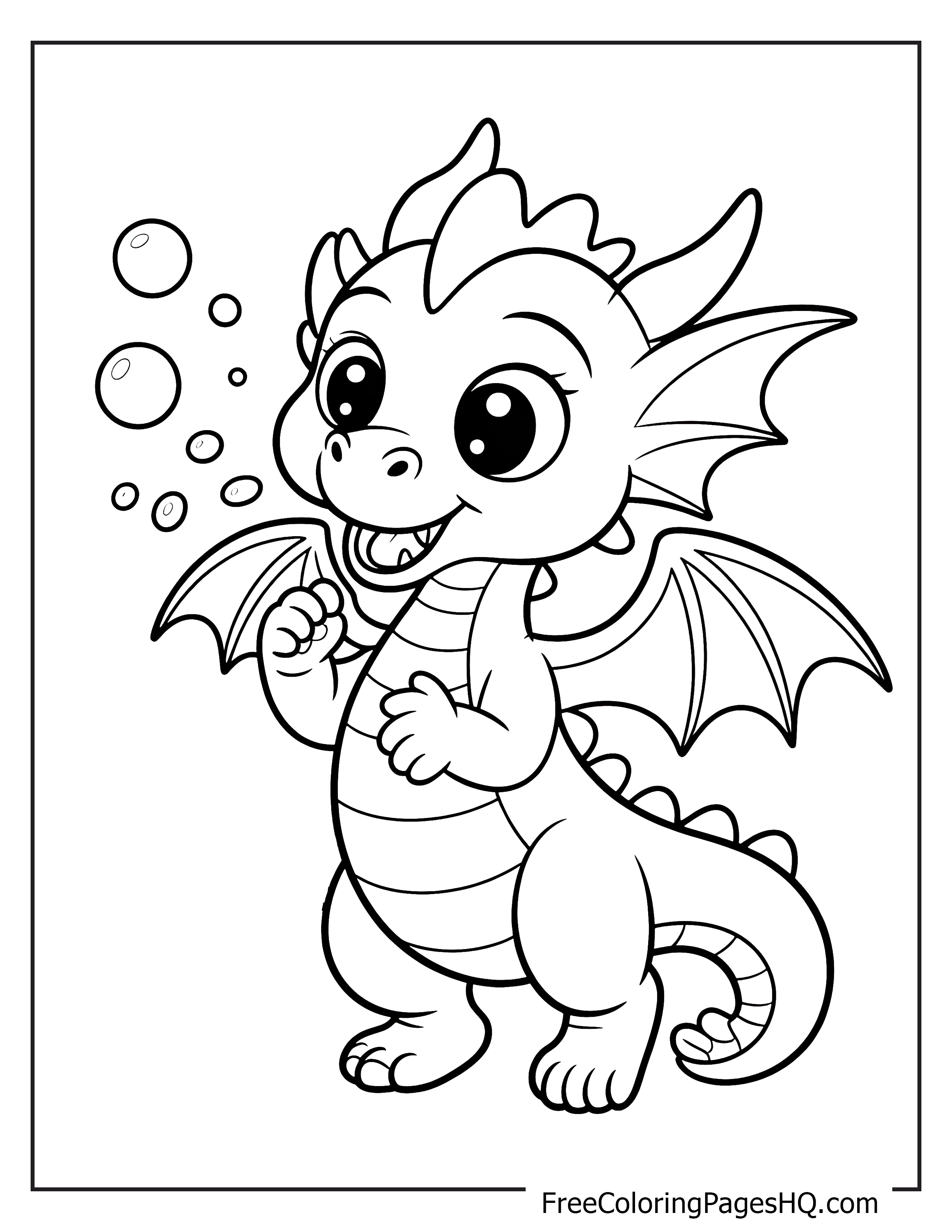 Adorable baby dragon blowing bubbles illustration.