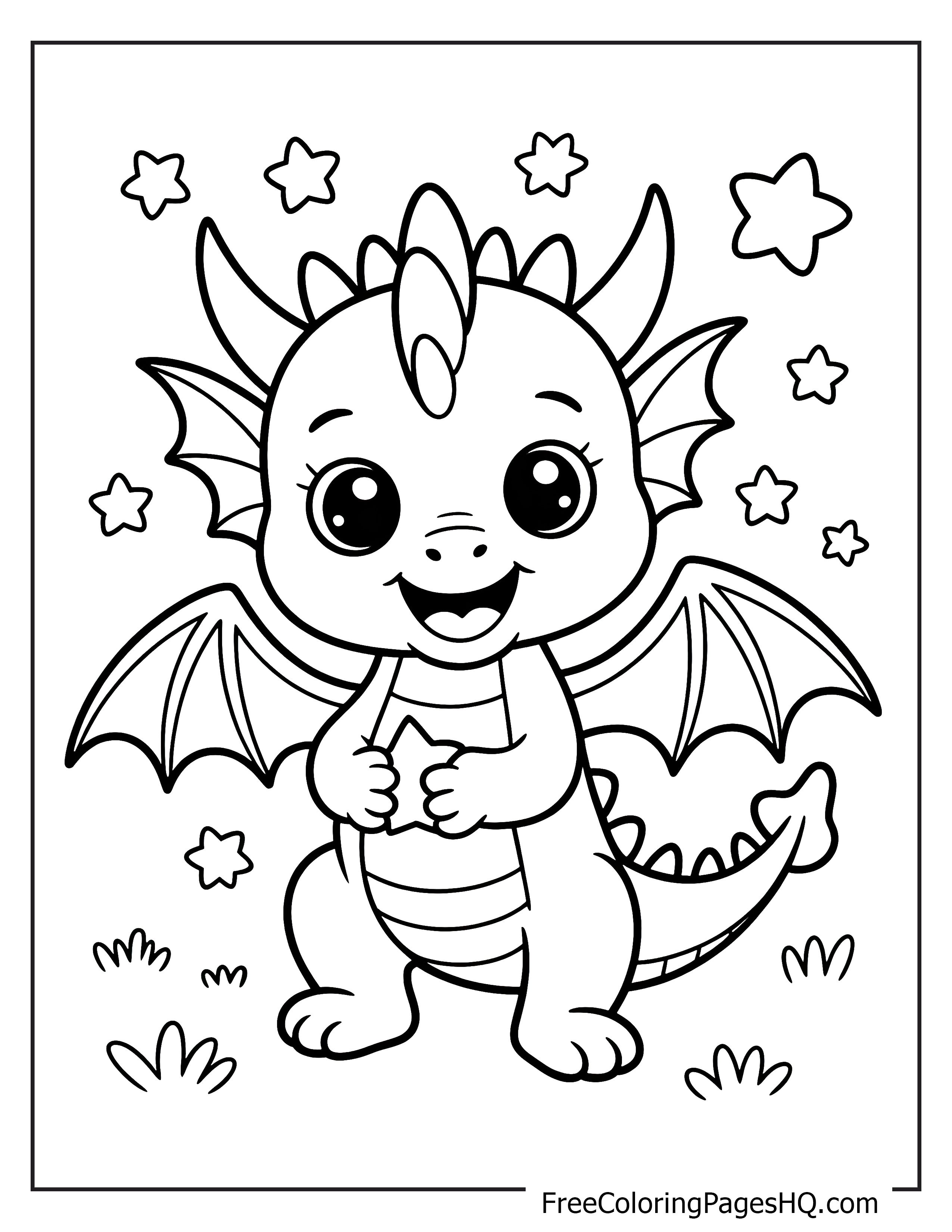Adorable baby dragon with background stars for kids.