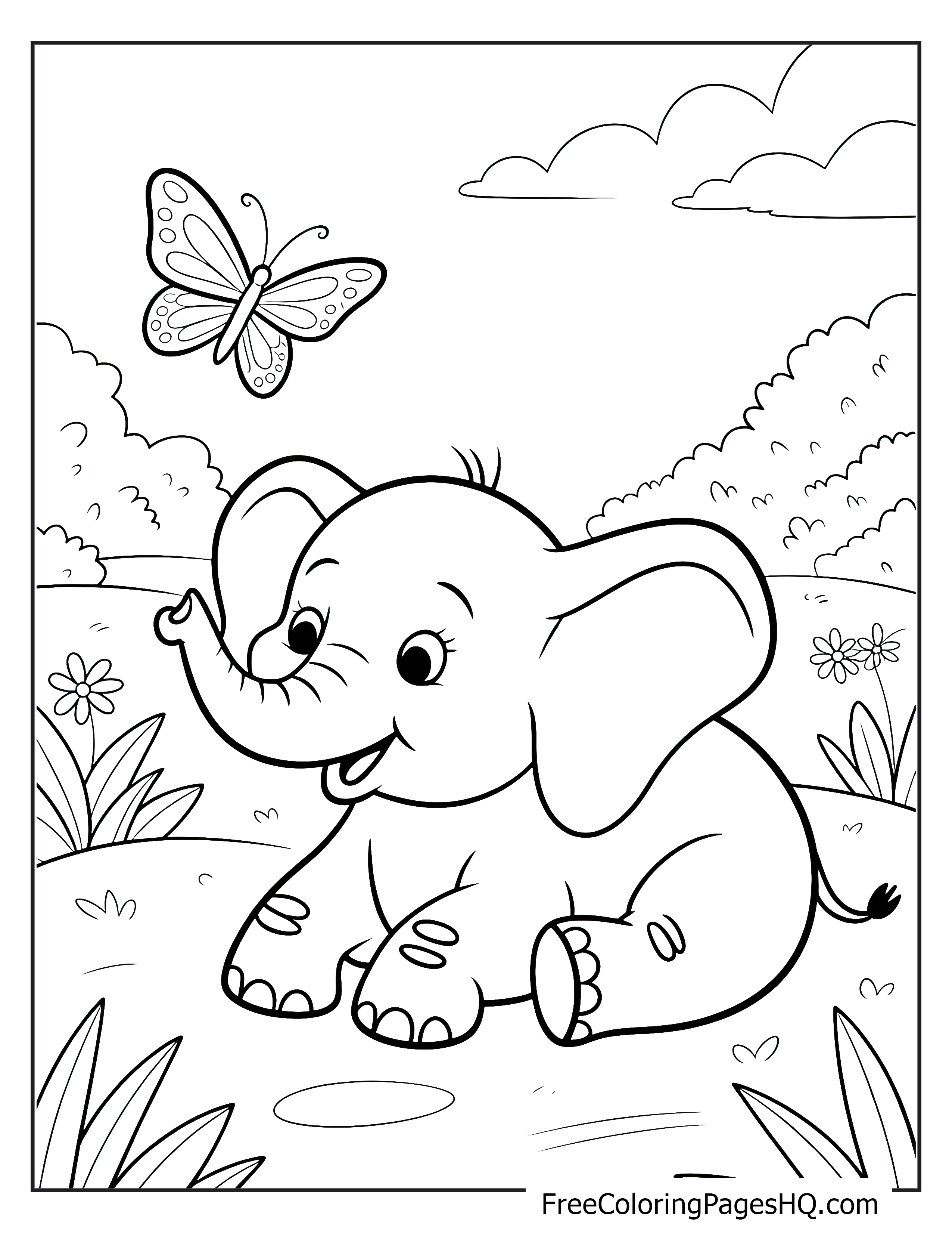 Illustration of baby elephant with butterfly in nature.