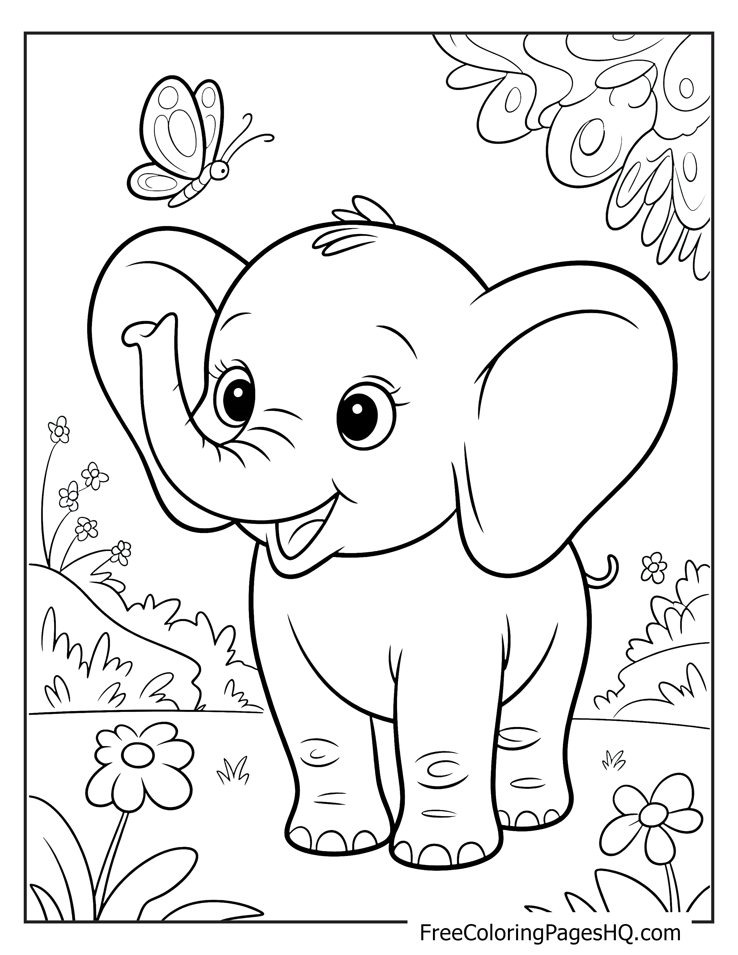 Illustration of a baby elephant with a butterfly in a garden setting.