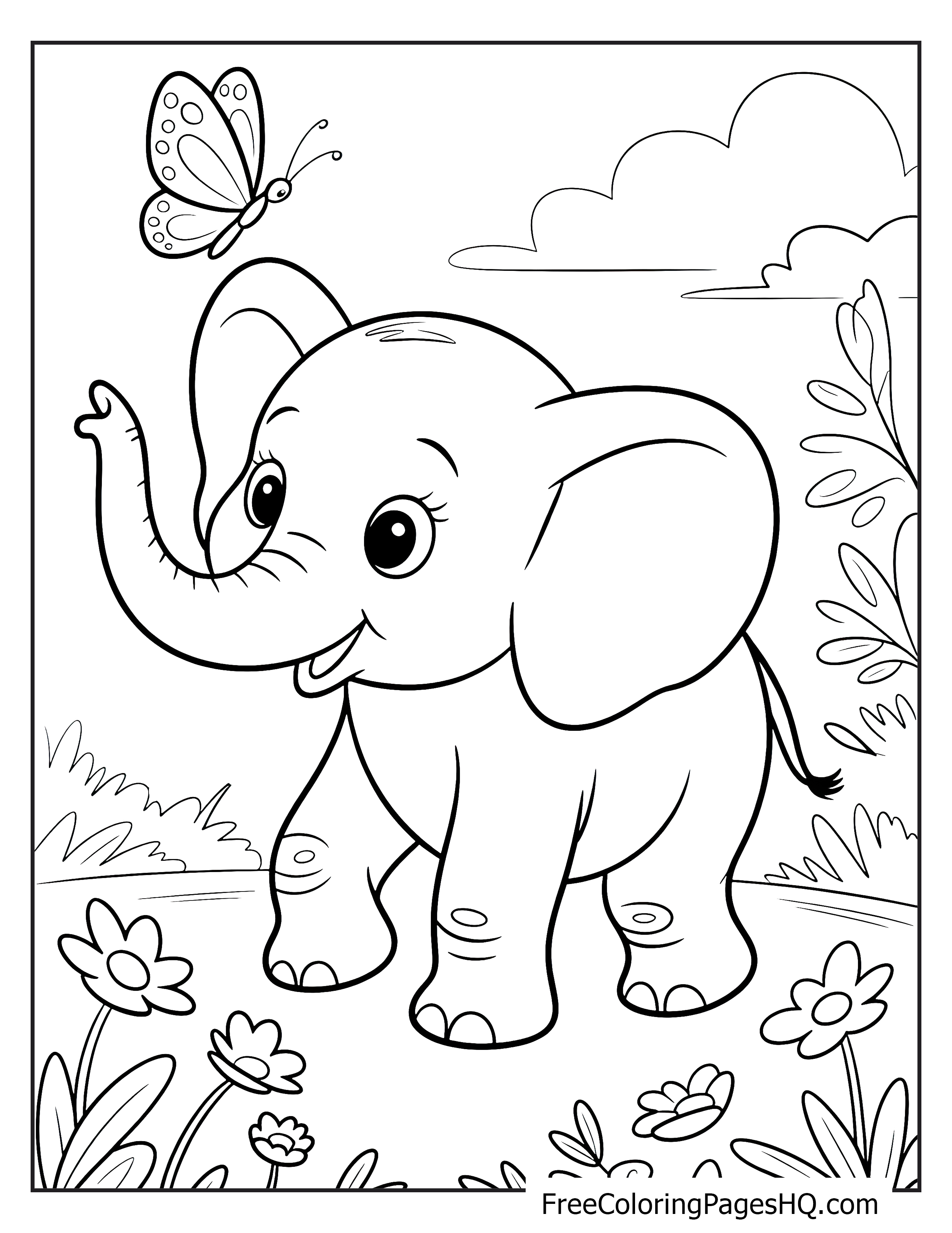 A baby elephant interacting with a butterfly in a meadow.