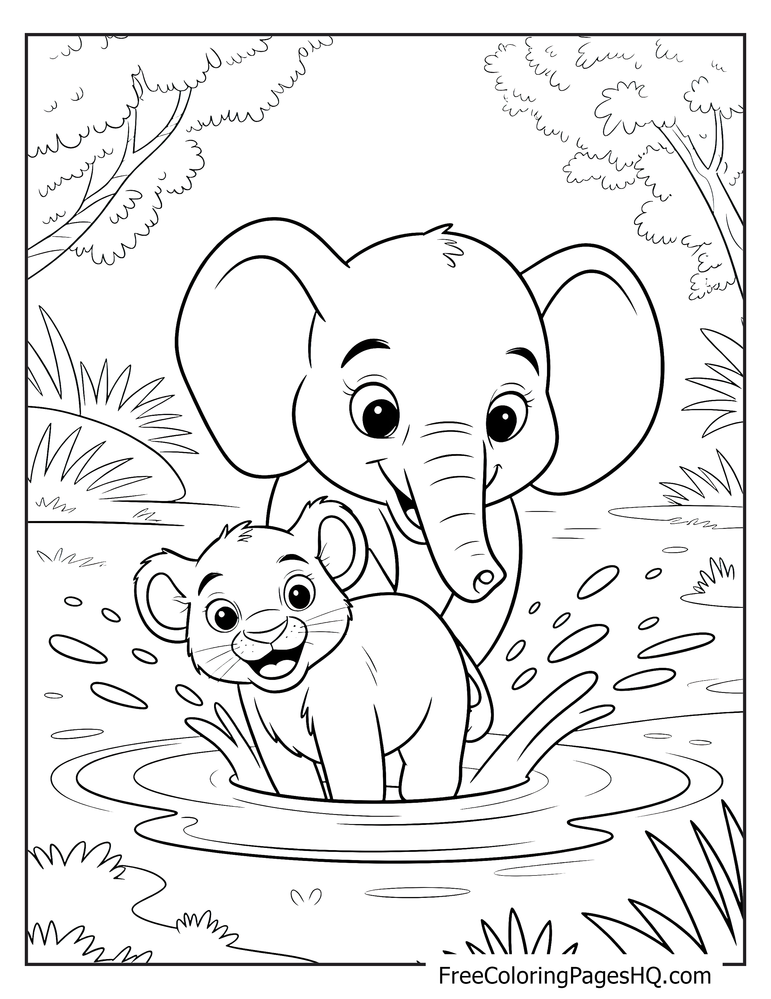 A baby elephant and a lion cub happily splashing in a jungle pond.