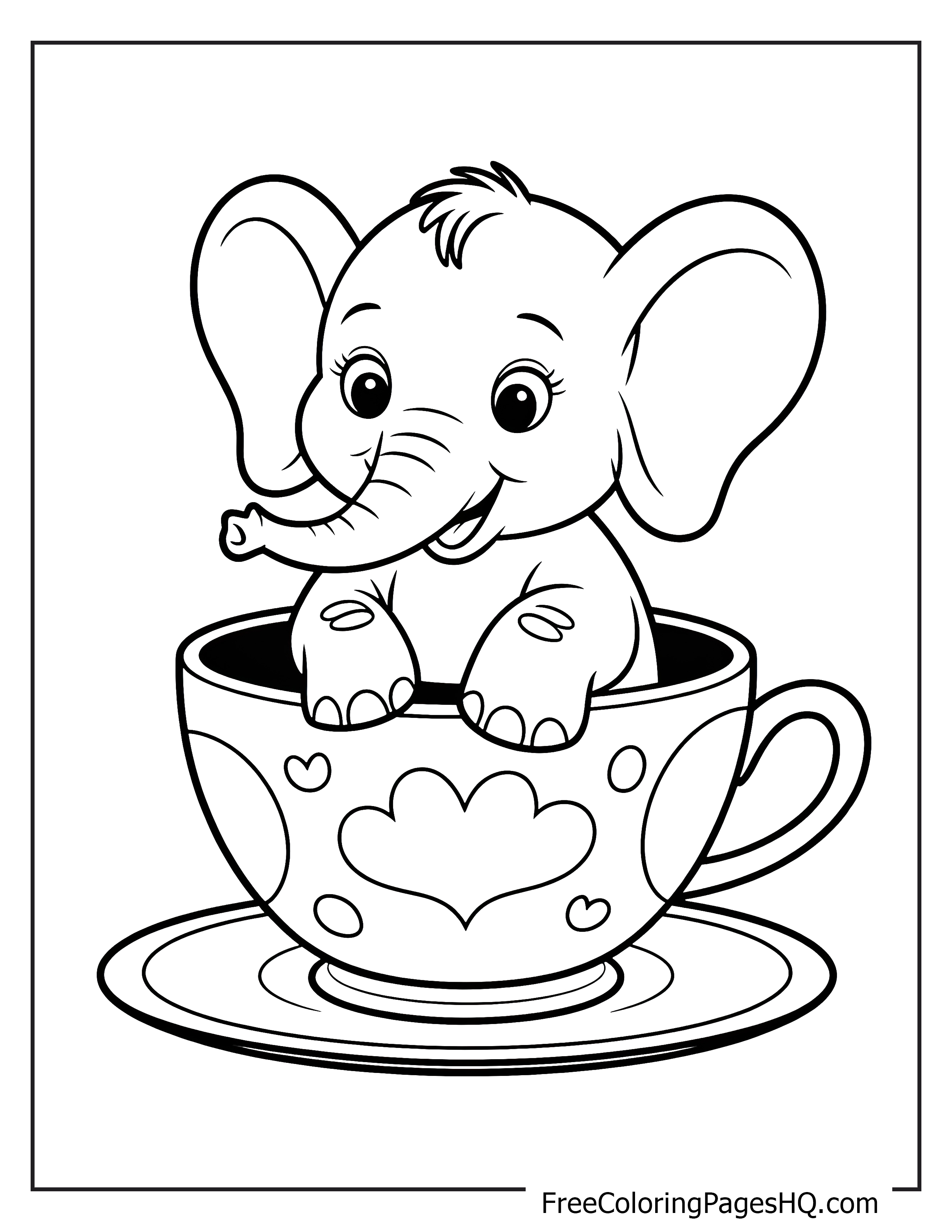 Adorable baby elephant peeking from a teacup illustration.