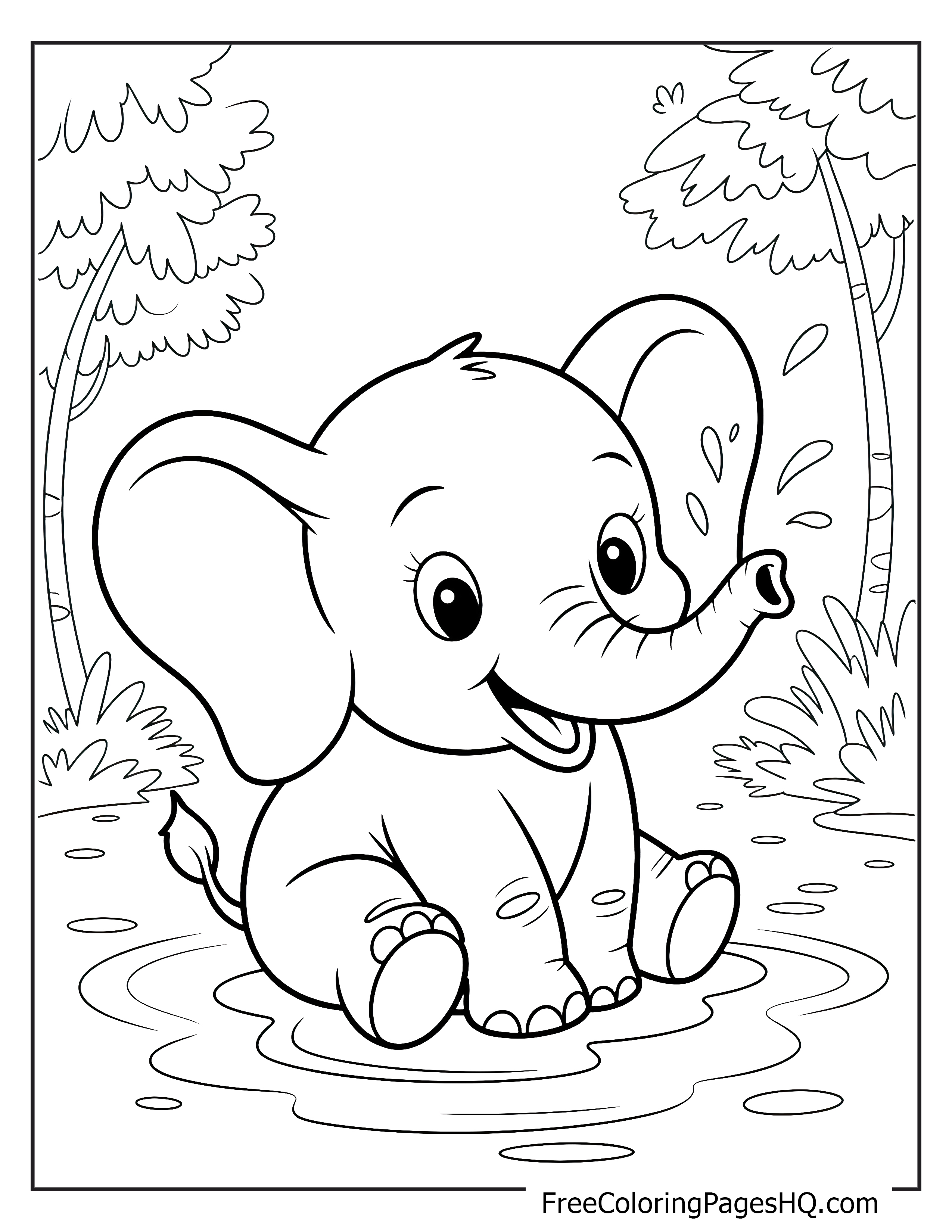 Adorable baby elephant splashing in a puddle.