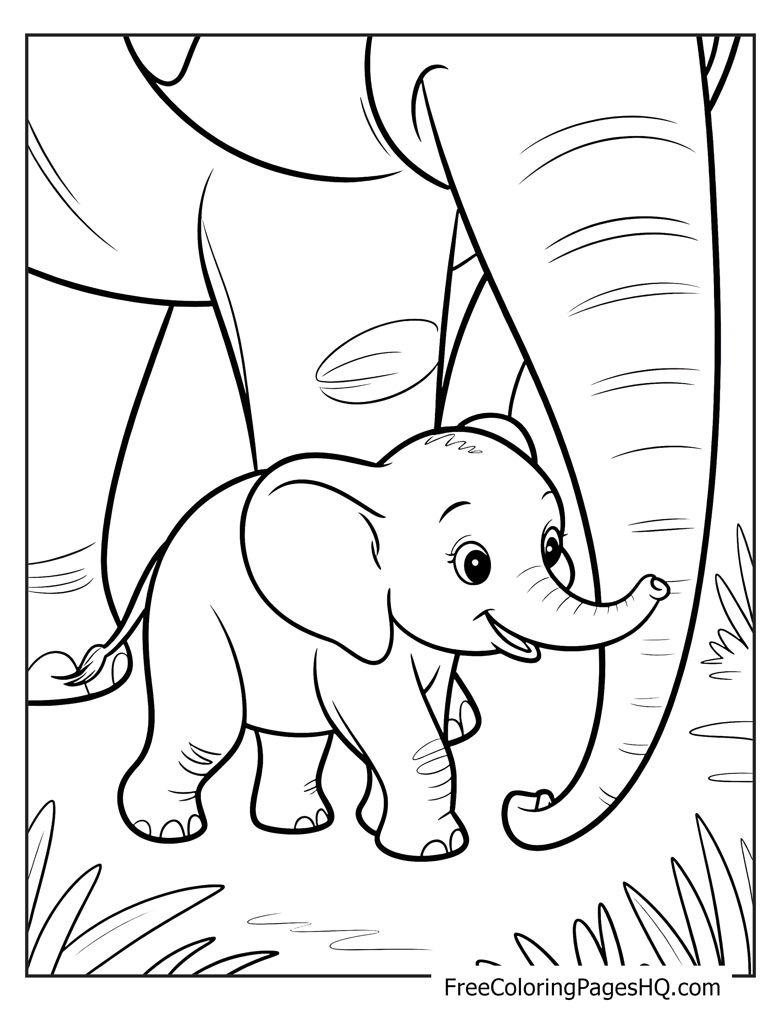 A baby elephant happily walking next to a larger elephant's leg, with grass around them.