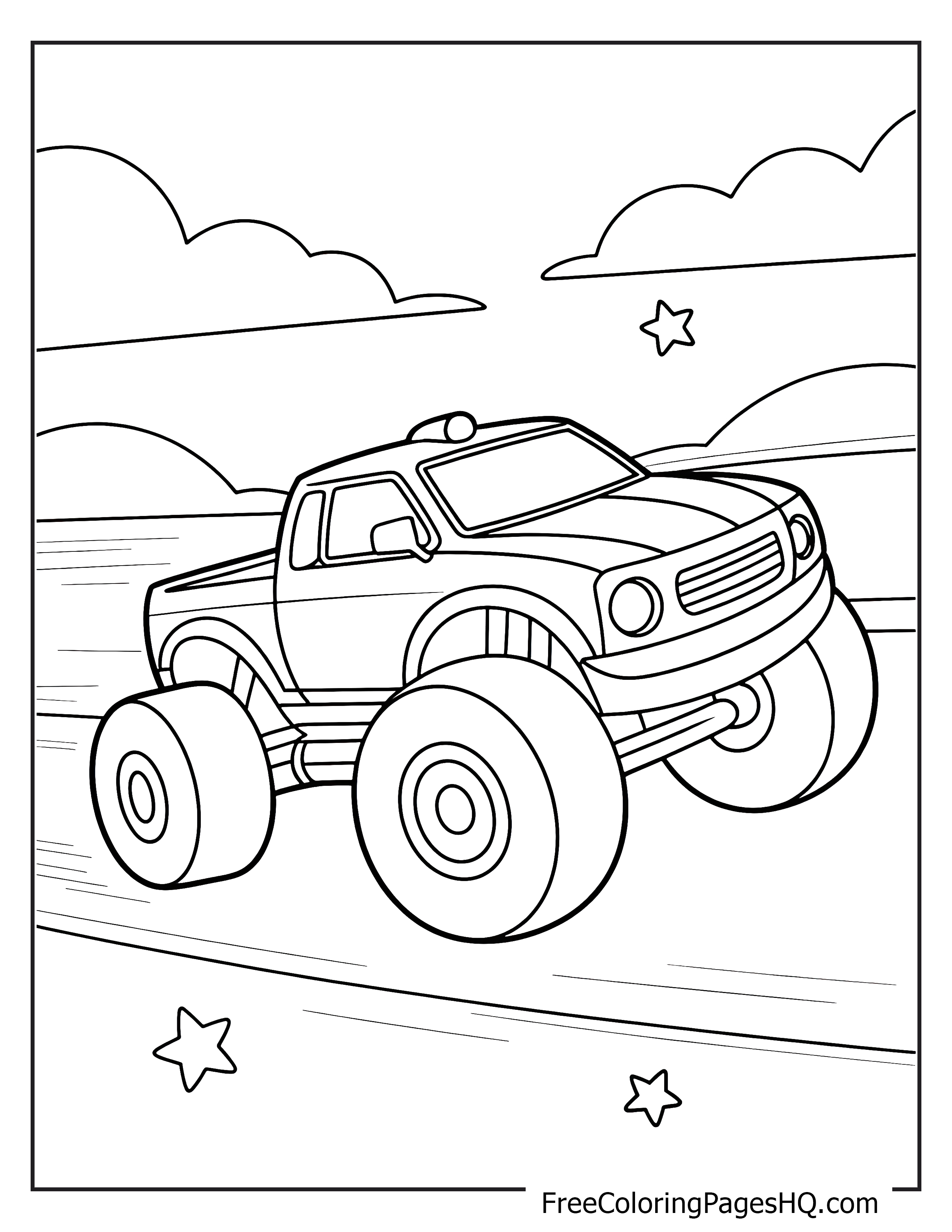 Monster truck illustration with large tires for kids.