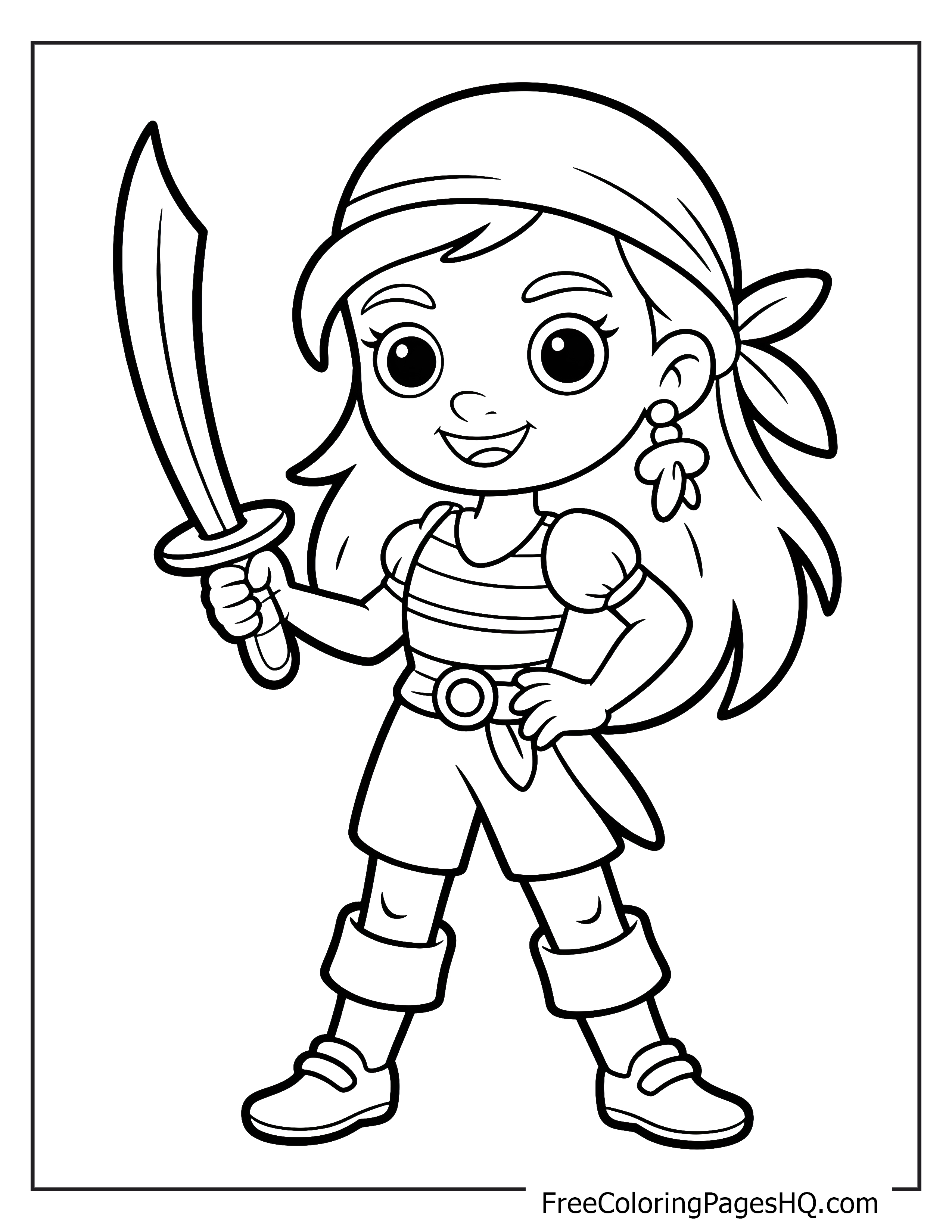 Pirate girl in a striped shirt and headscarf holding a sword with a smile.