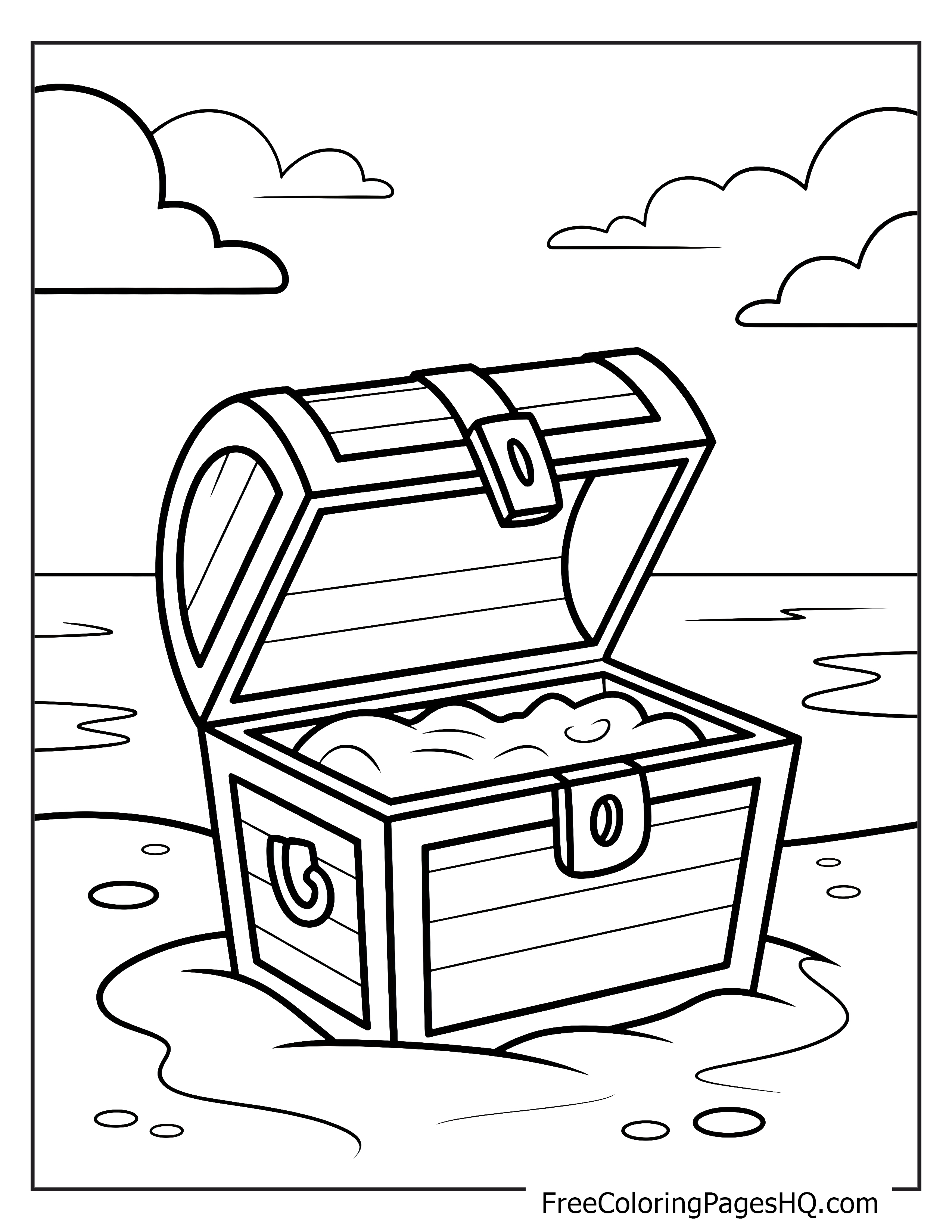 Open treasure chest with jewels on a beach with a bright sky.