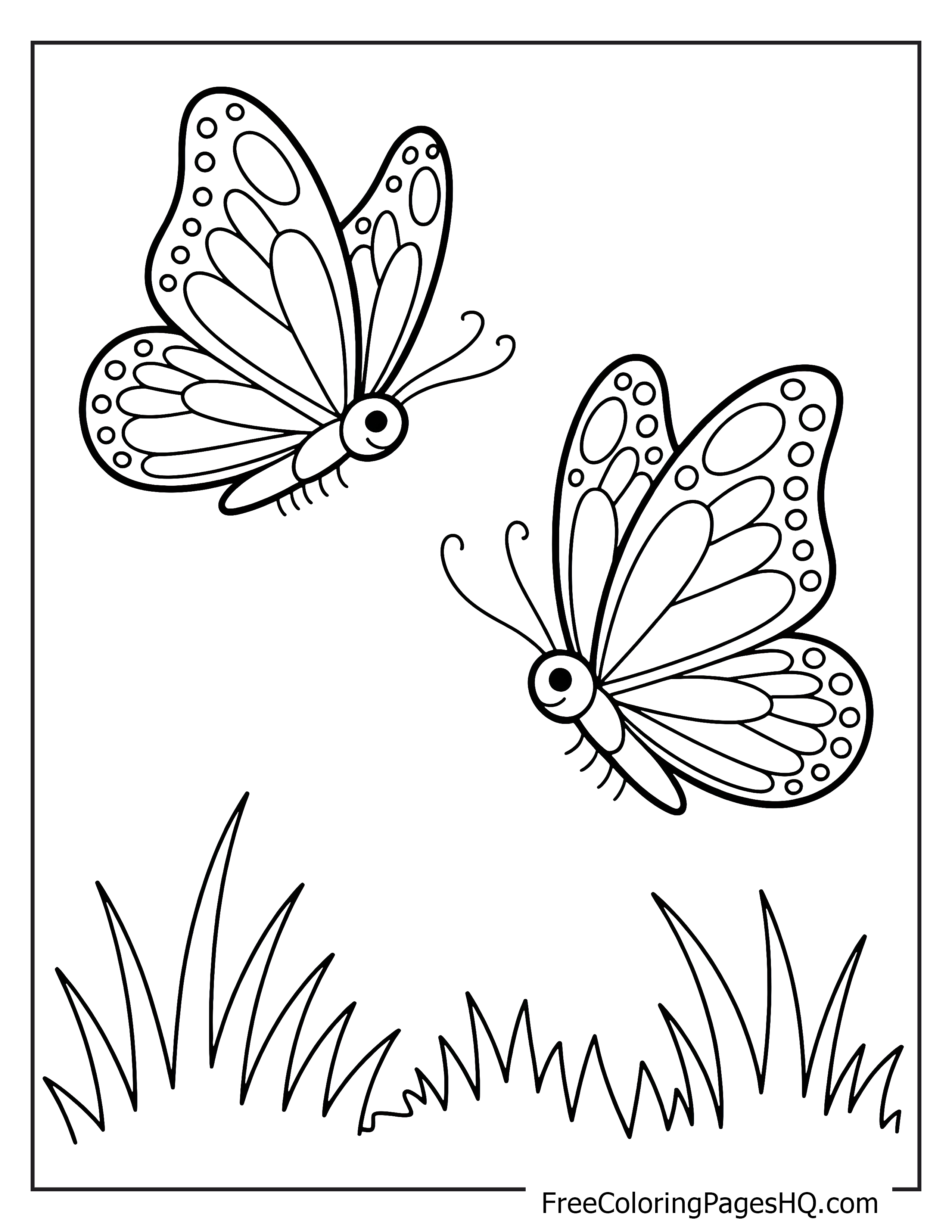Illustration of two butterflies soaring over grass.