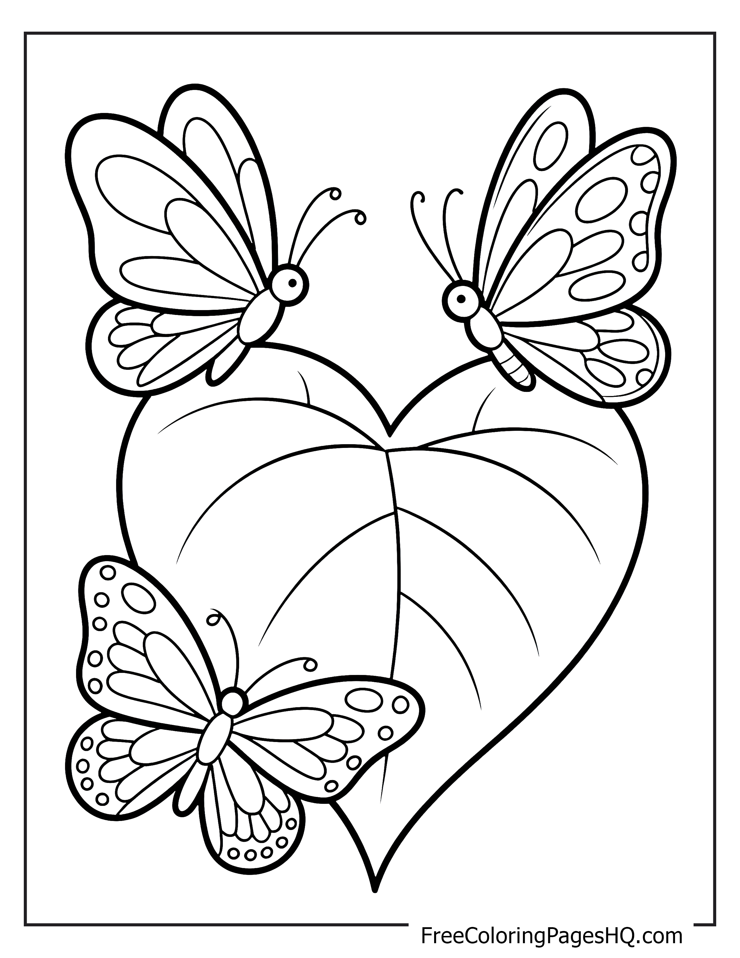 Three butterflies flying near a large heart-shaped leaf.