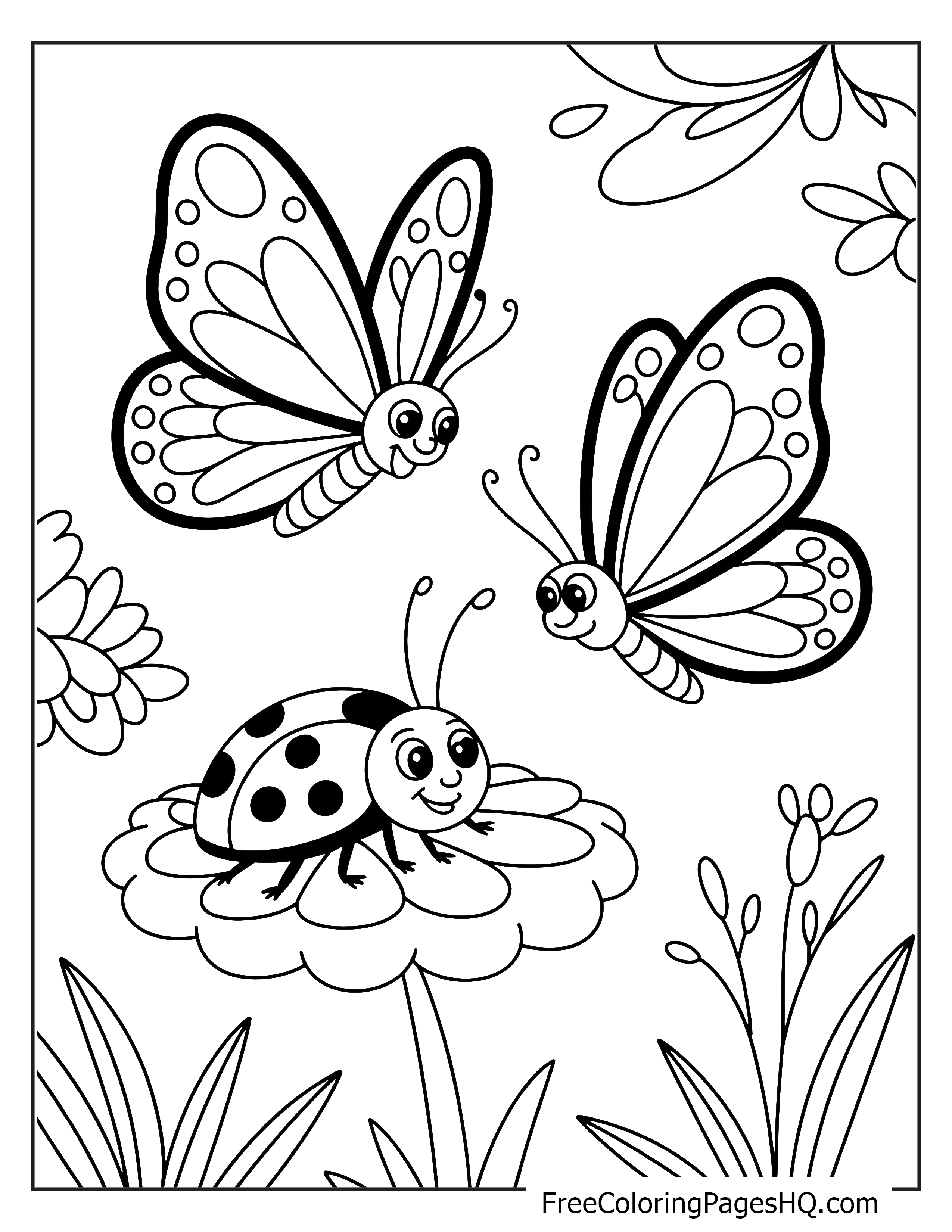 Garden scene with butterflies and a friendly ladybug.