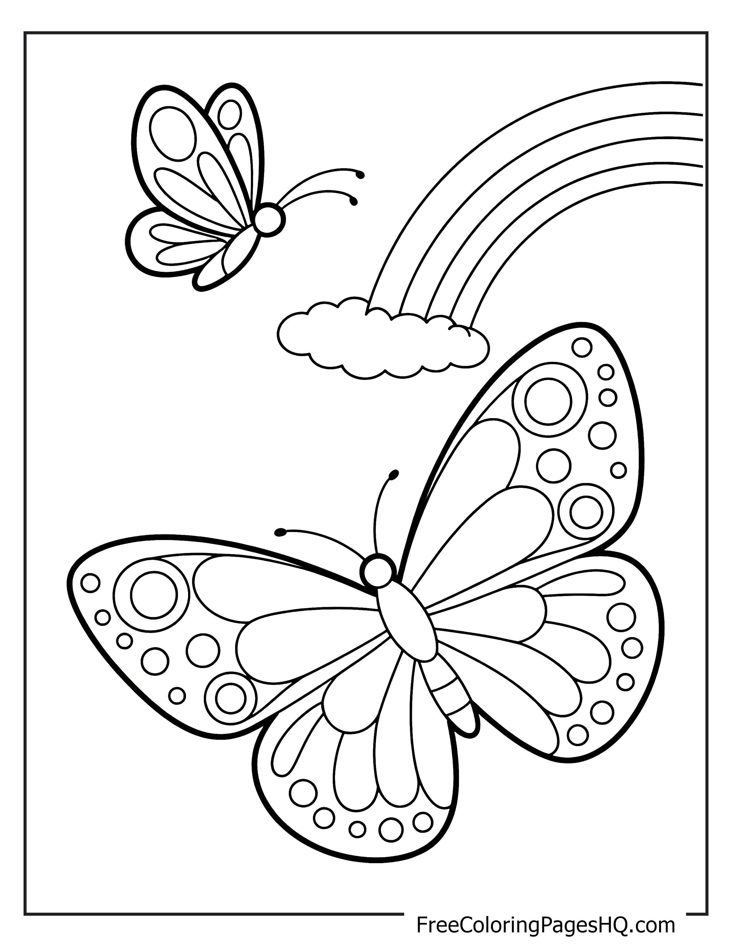 Illustration of two butterflies and a rainbow in the sky.