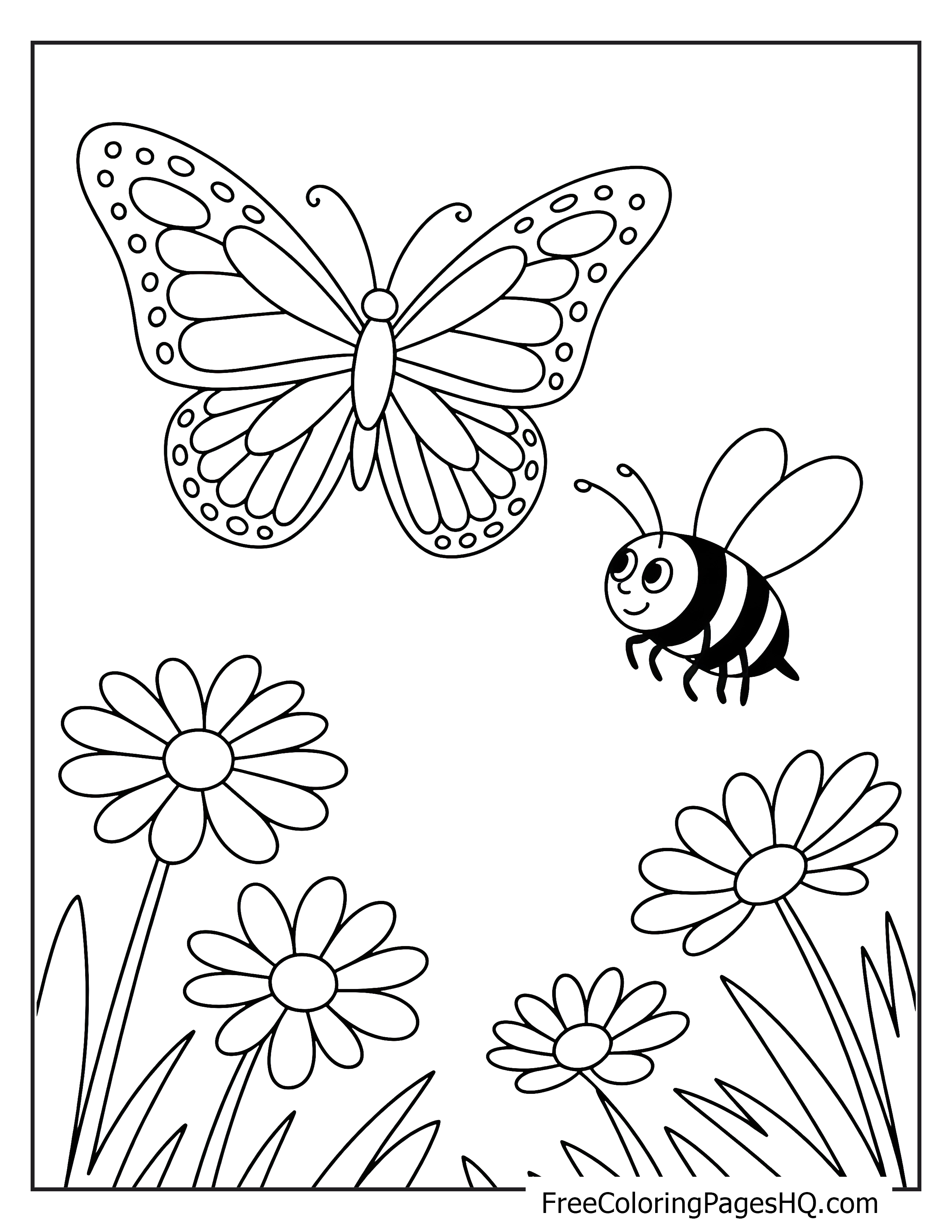 Butterfly and bee flying over daisies.