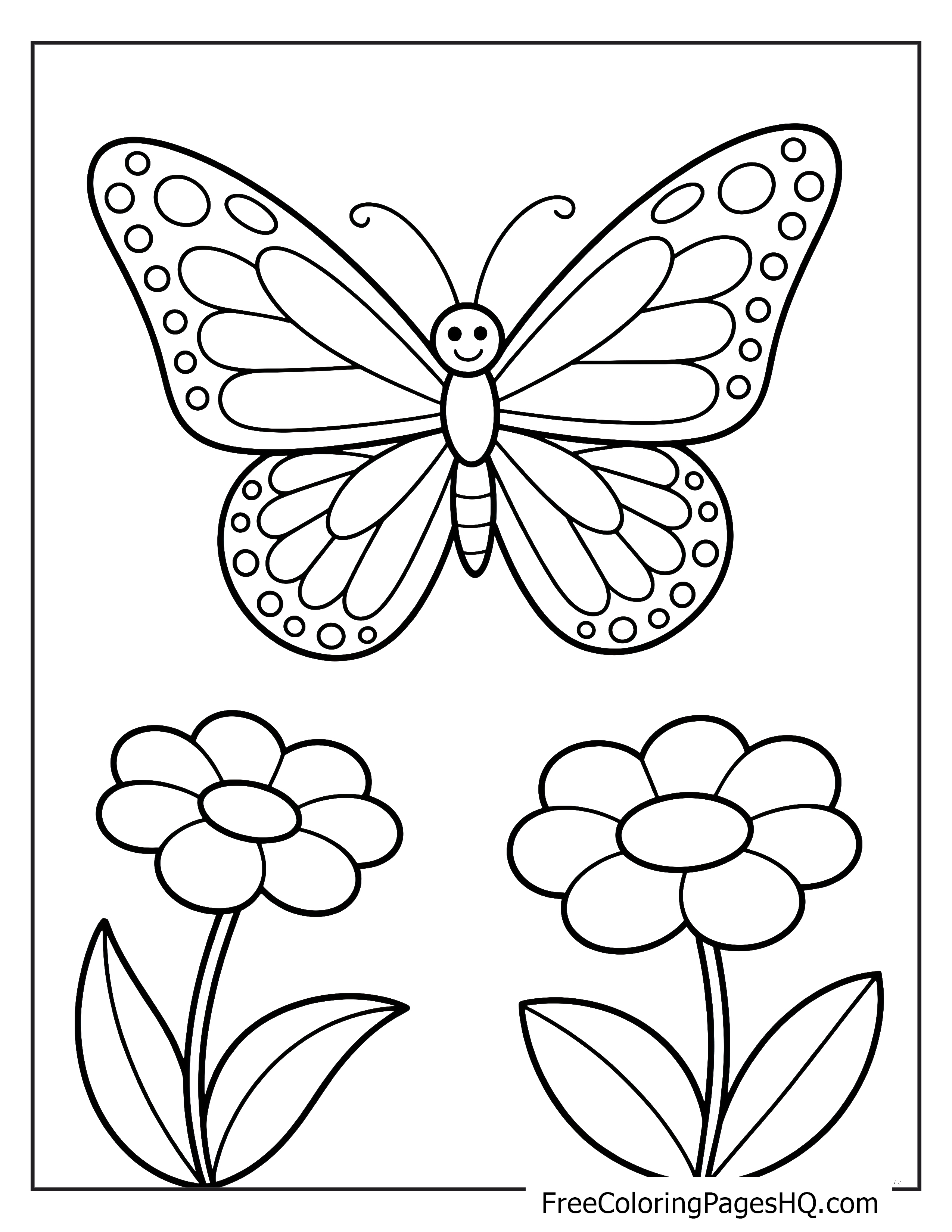 Smiling butterfly with flowers and leaves illustration.