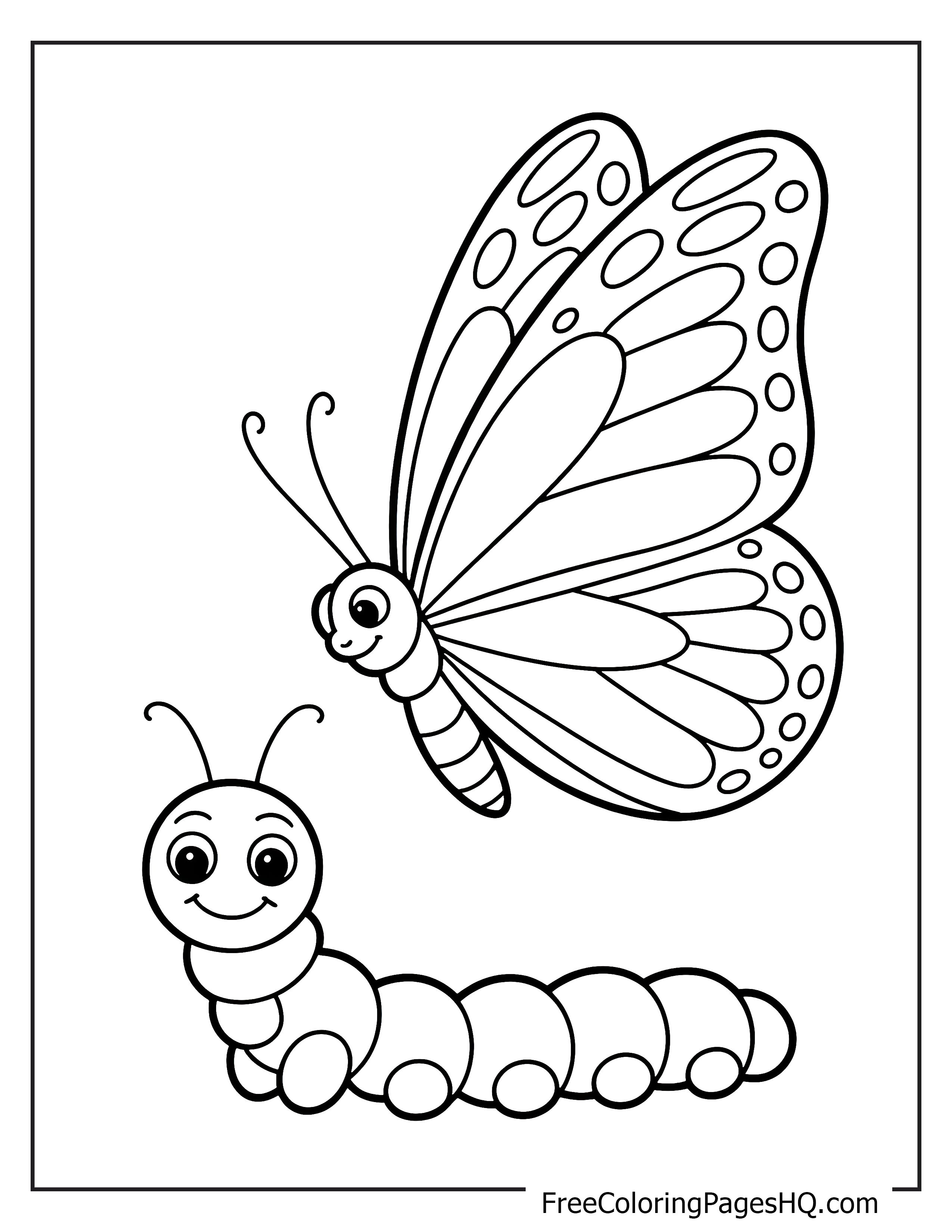 Smiling butterfly and caterpillar with big eyes.