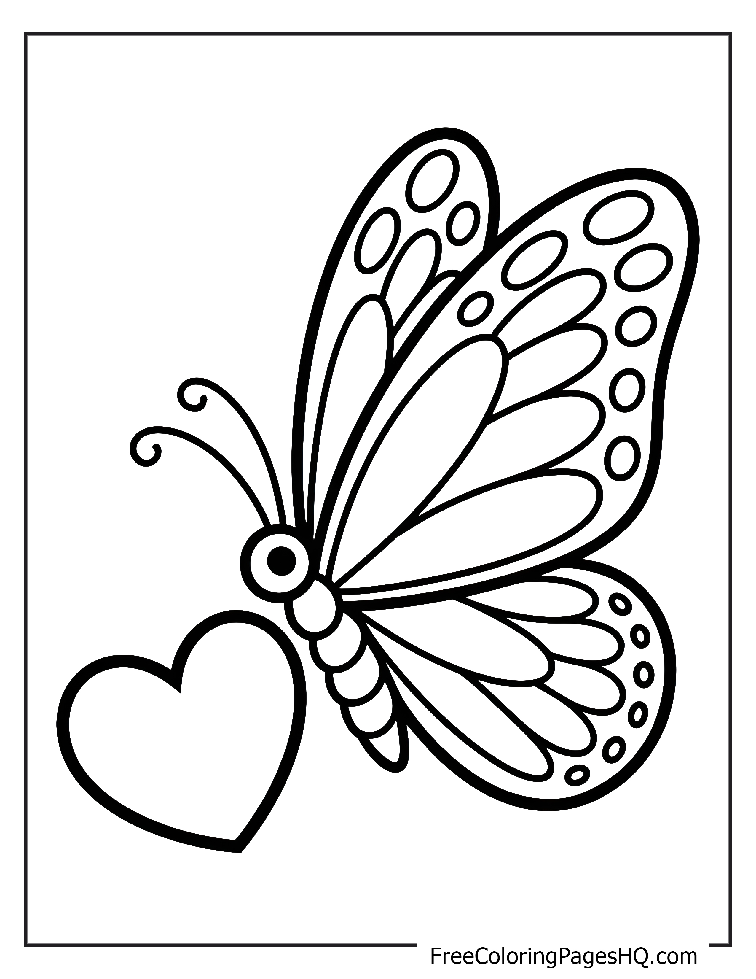 Butterfly with patterned wings beside a heart.