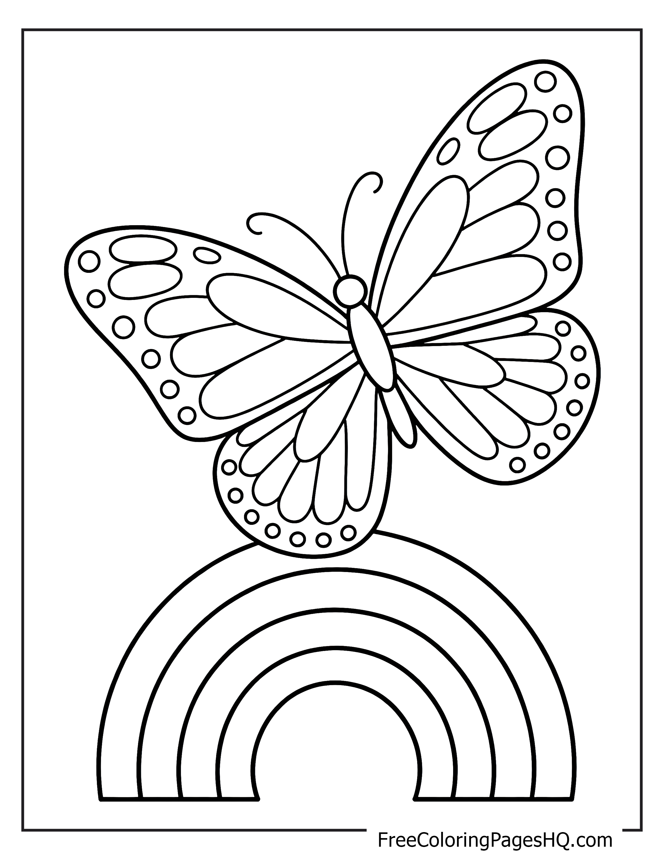 Illustration of a butterfly perched on a rainbow.