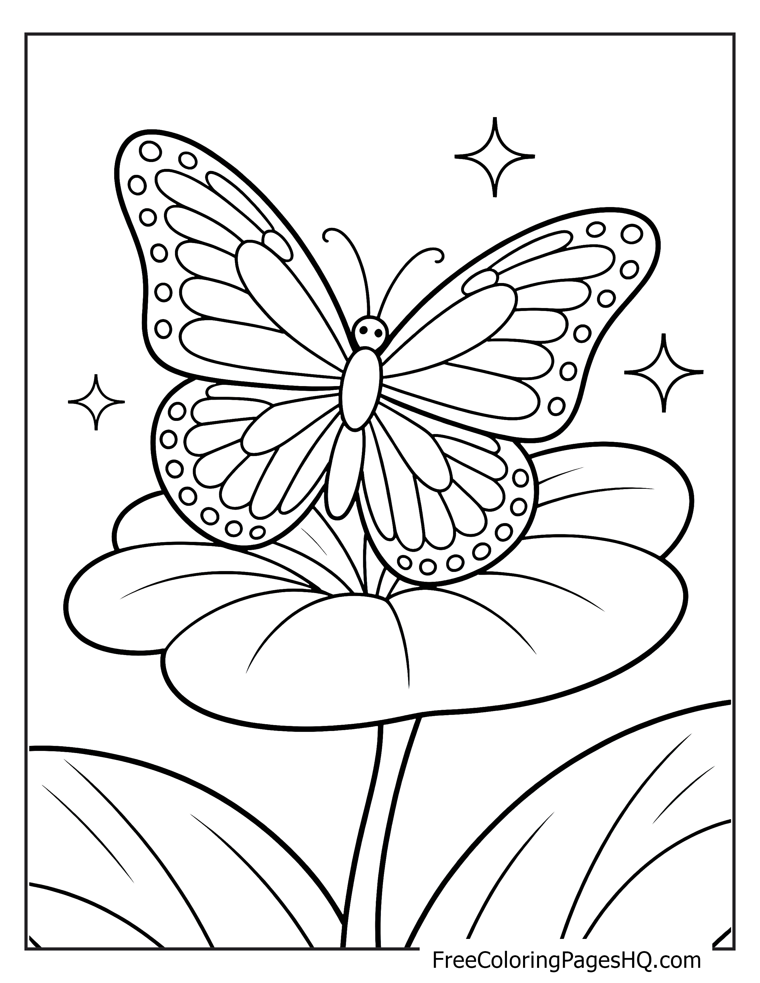 Butterfly perched on a flower with stars nearby.