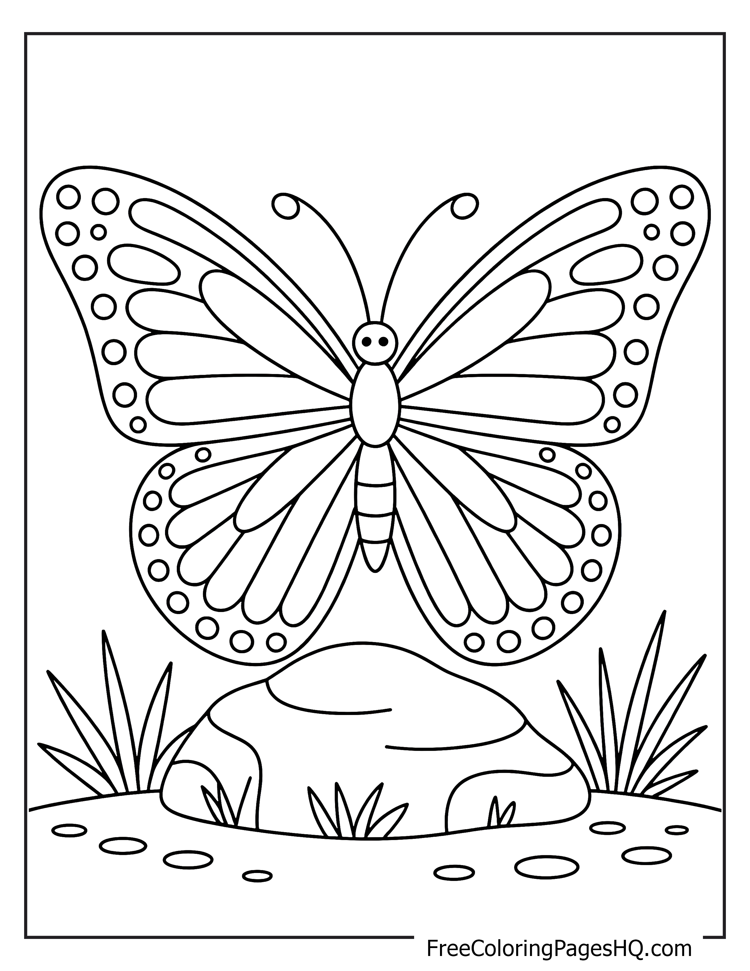 Illustration of a butterfly on a rock with grass accents.