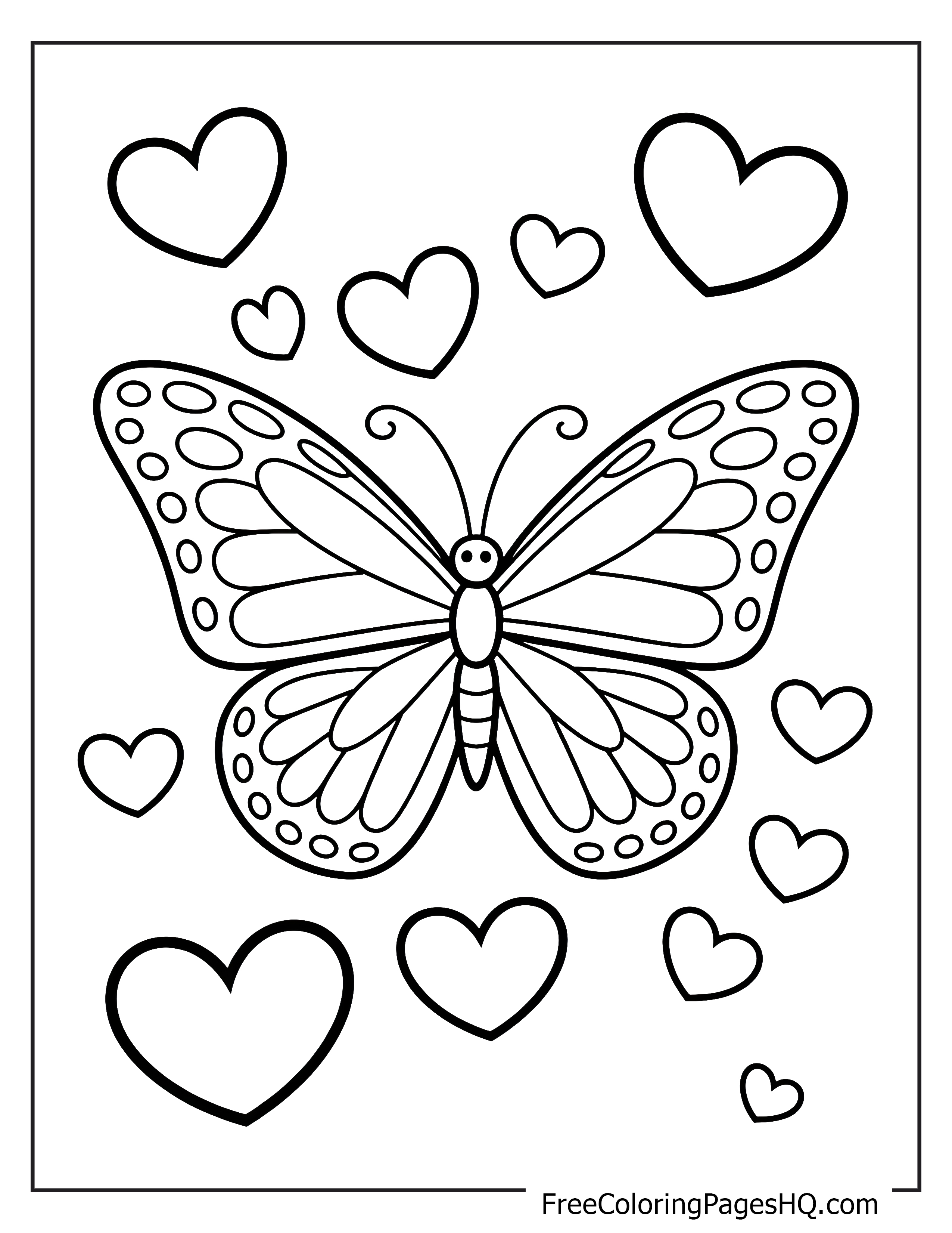 Illustration of a butterfly with hearts above and below.