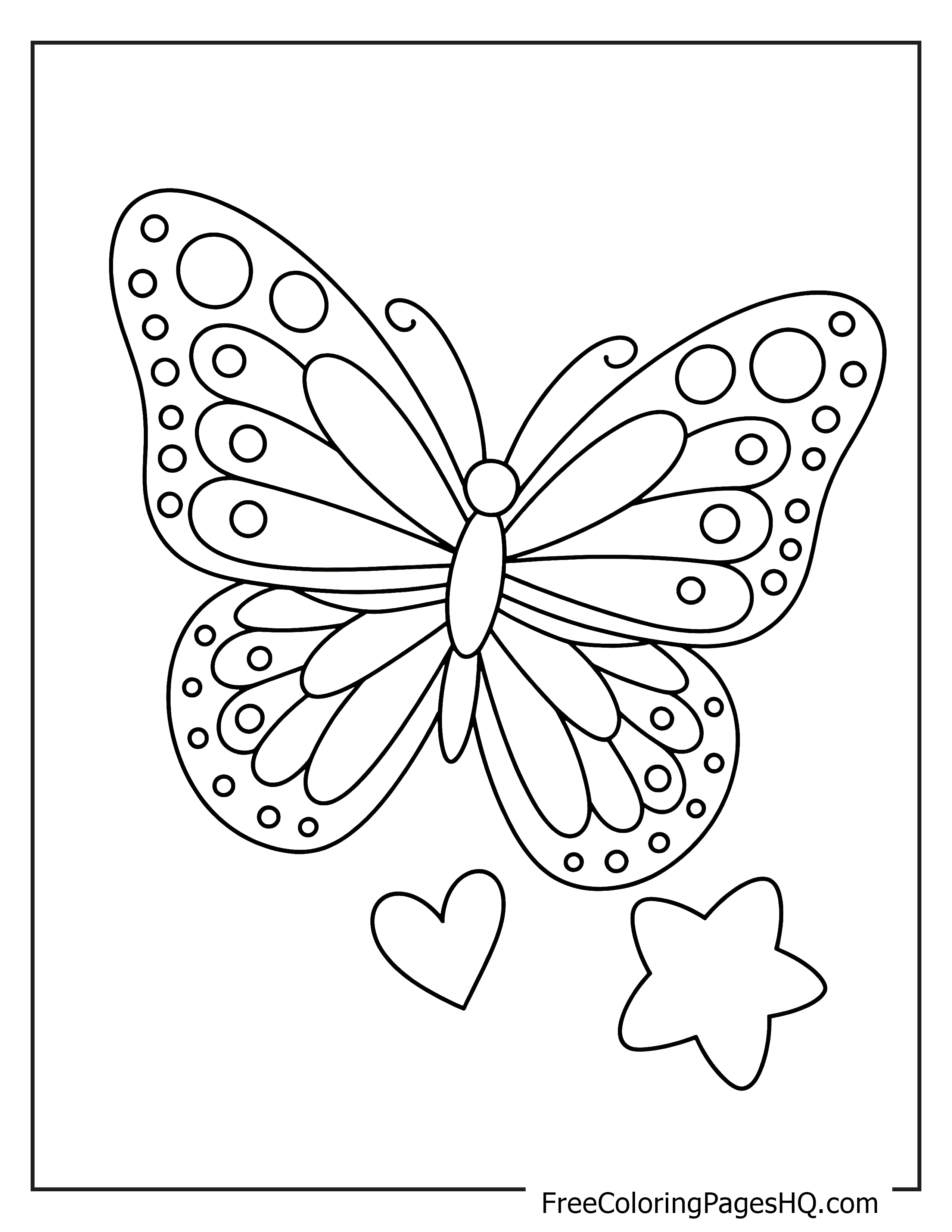 Detailed butterfly with heart and star shapes.