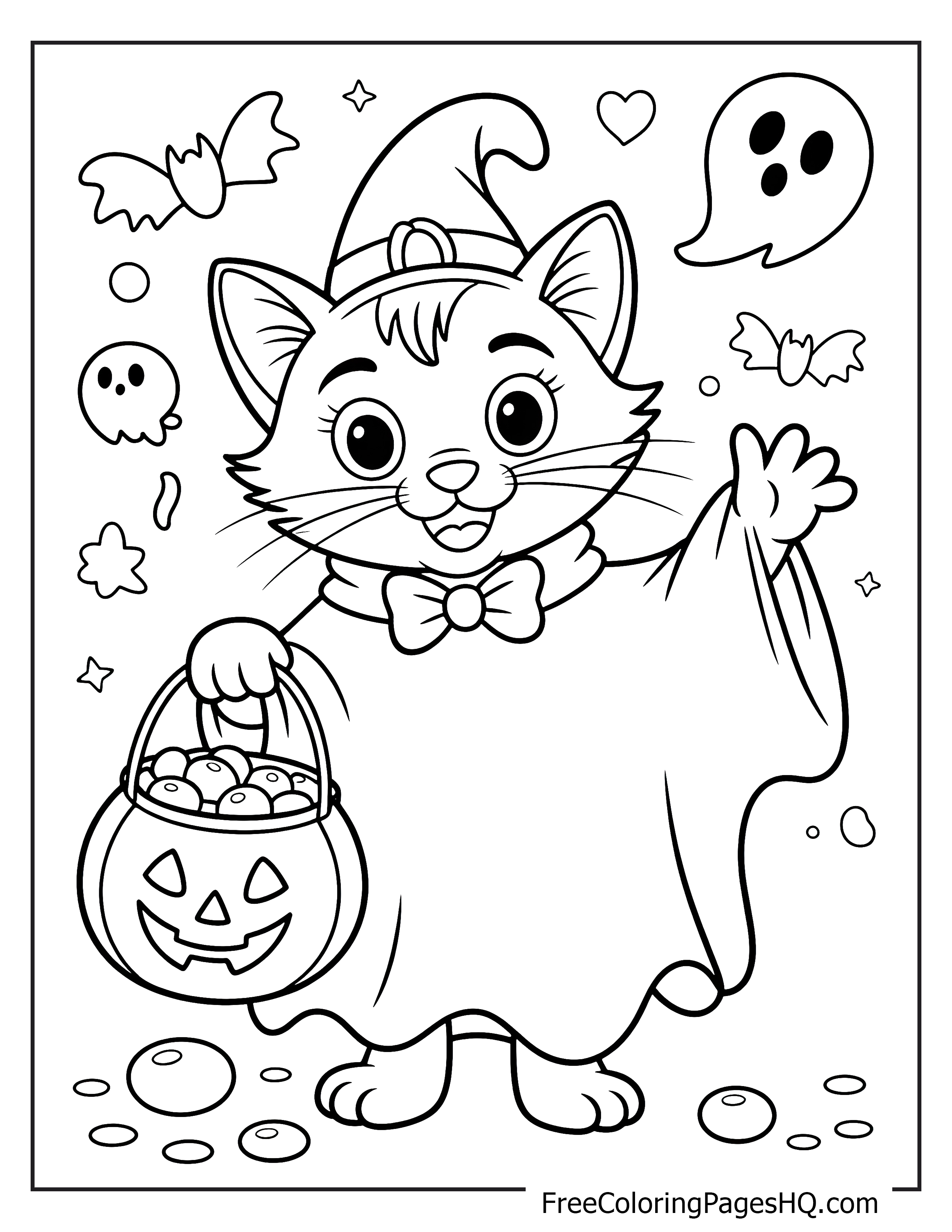 Cat dressed in a Halloween costume with spooky elements.