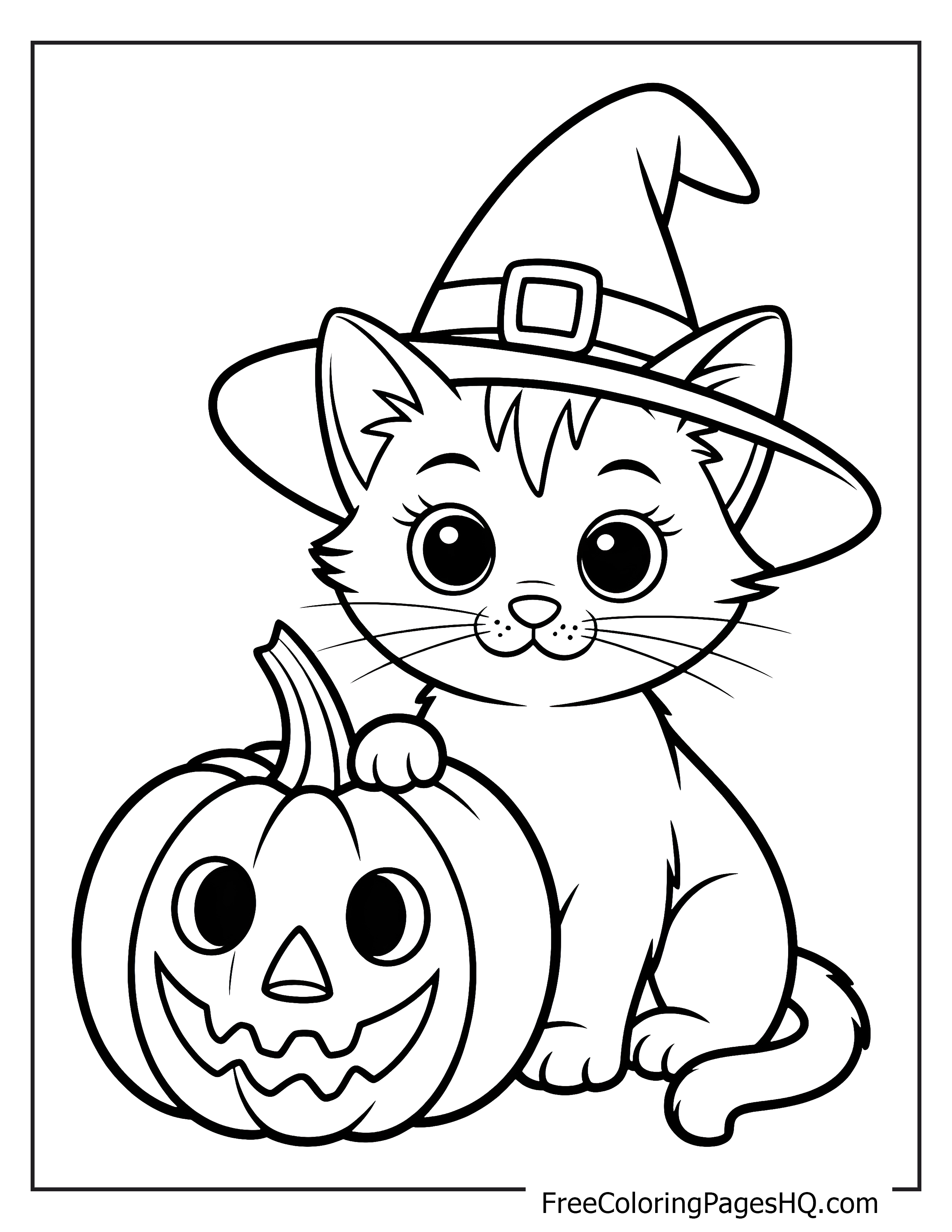Adorable cat with a witch hat and pumpkin illustration.