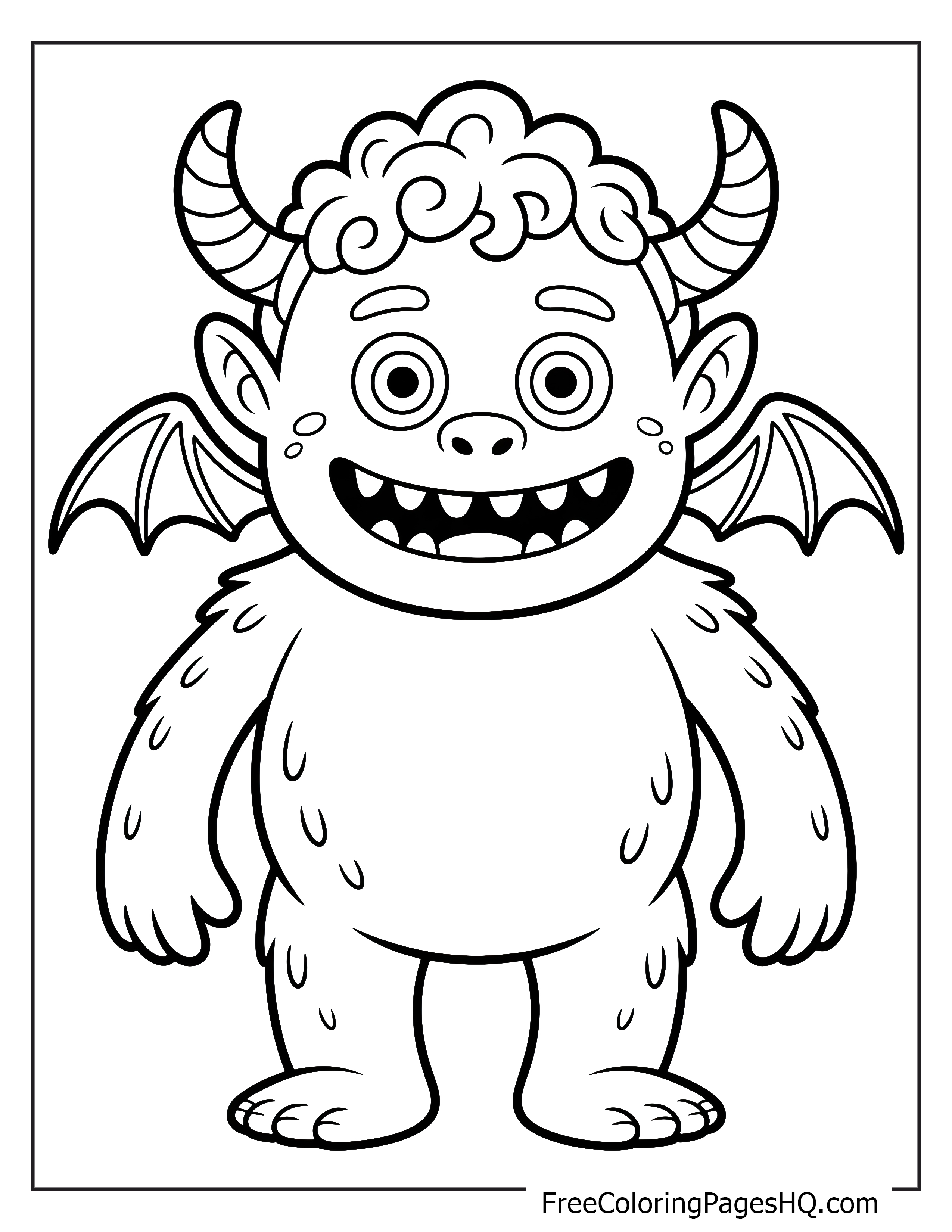 A cute monster with horns, wings, and a big smile.