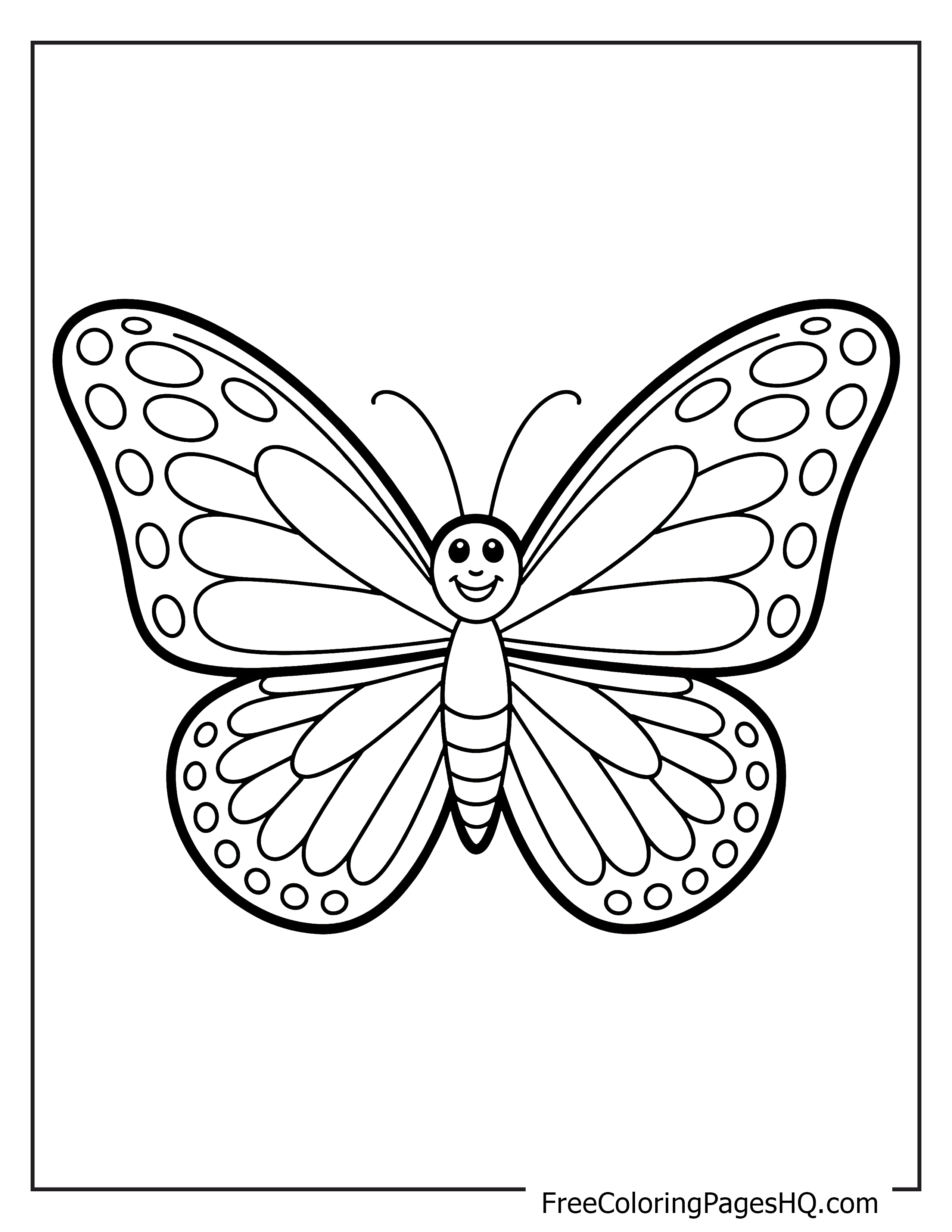Smiling butterfly with patterned wings for kids.