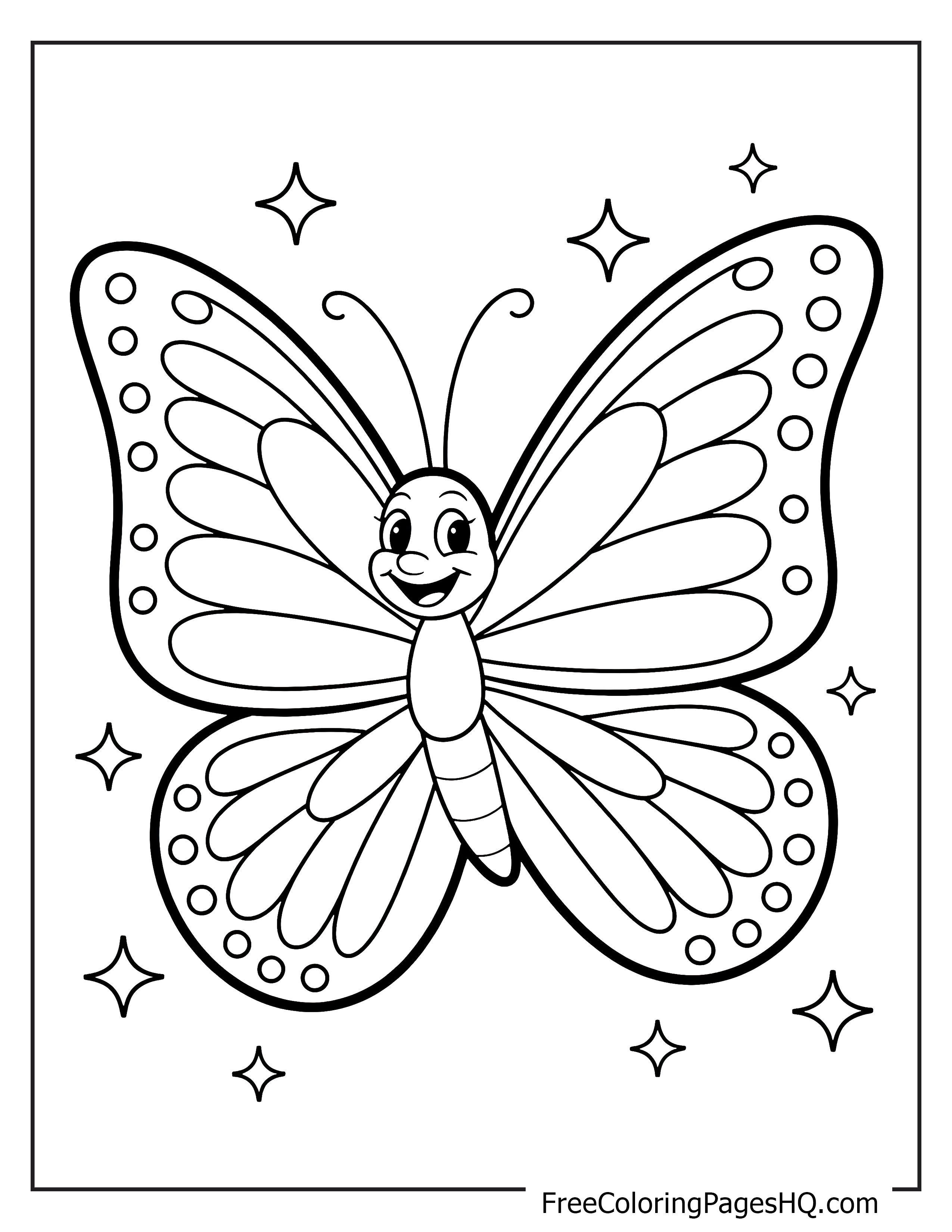 Happy butterfly illustration with decorative stars.