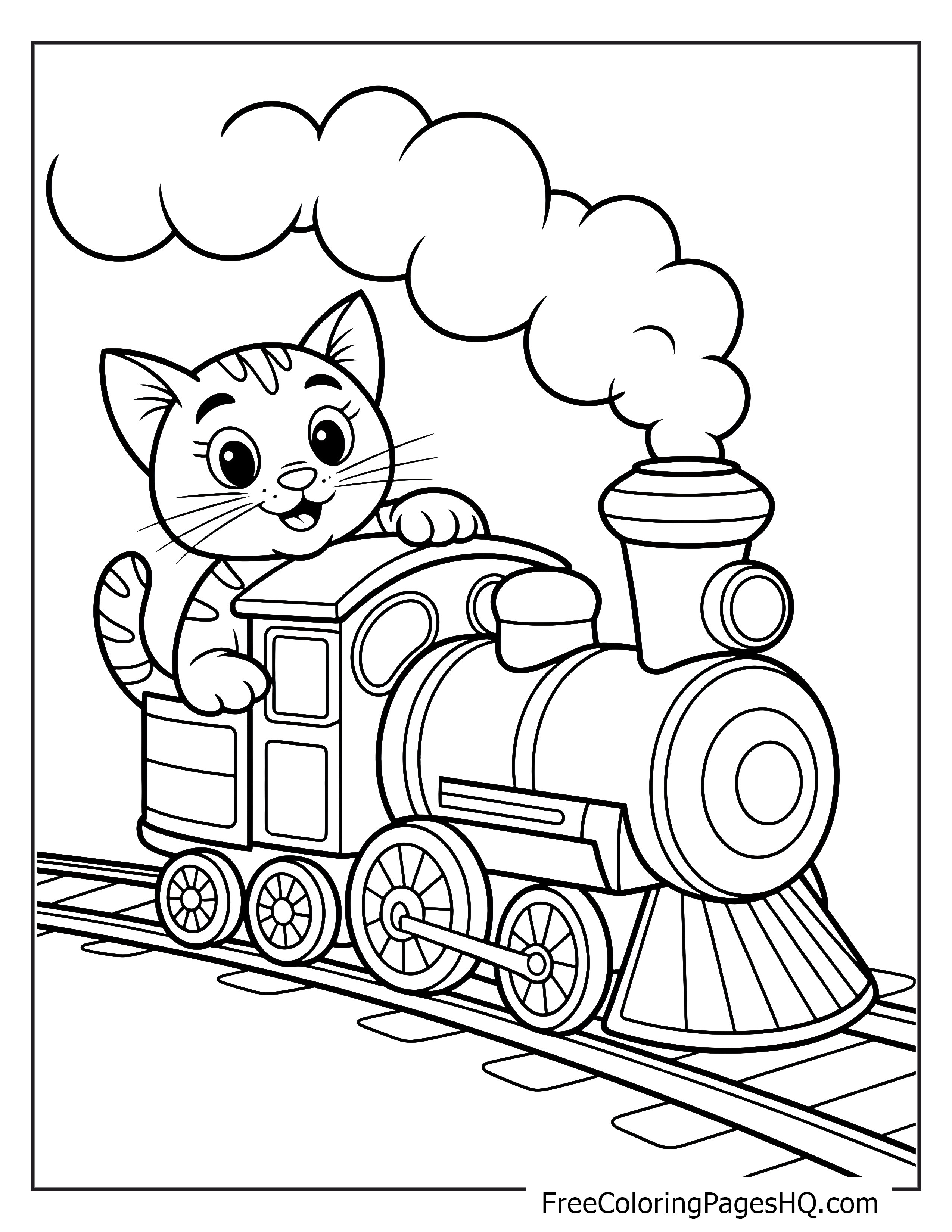 Cat aboard a steam engine with smoke puffing.