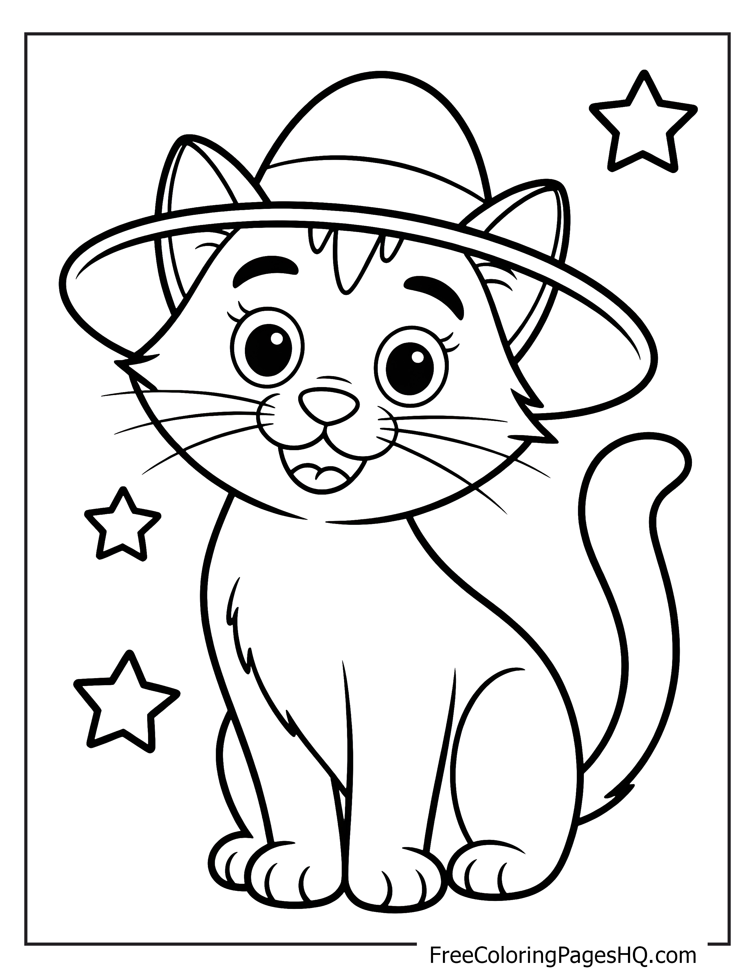 Illustration of a smiling cat in a hat with stars.