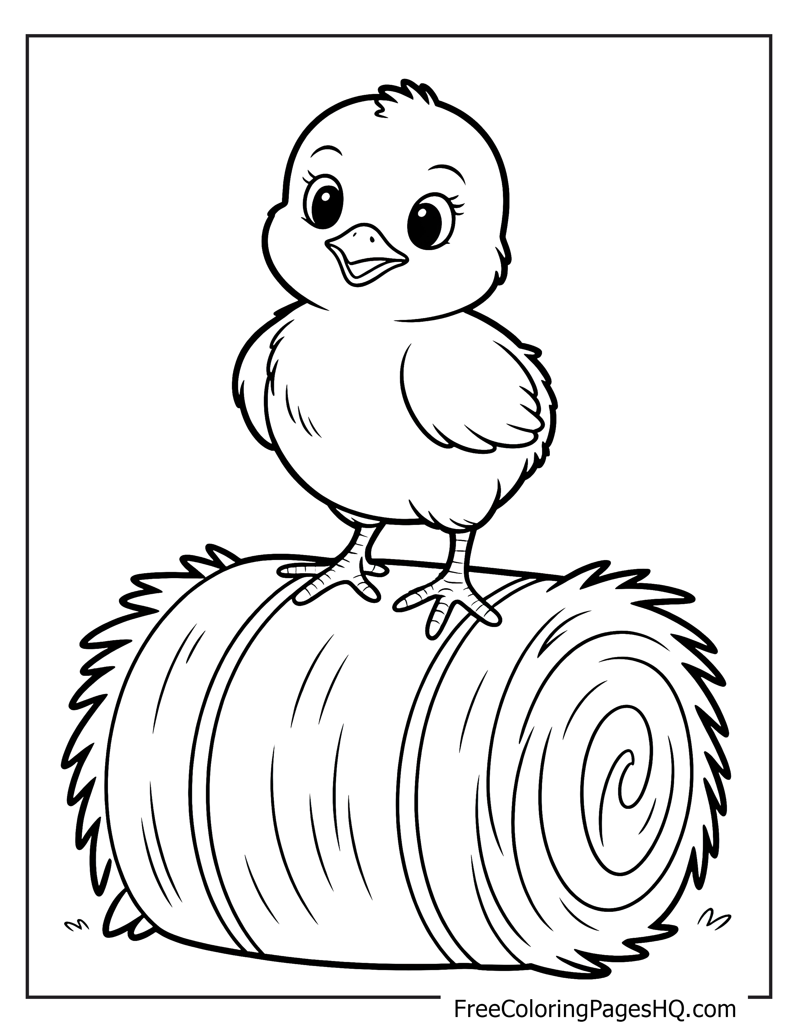 A cheerful chick stands on a rolled hay bale, looking adorable.
