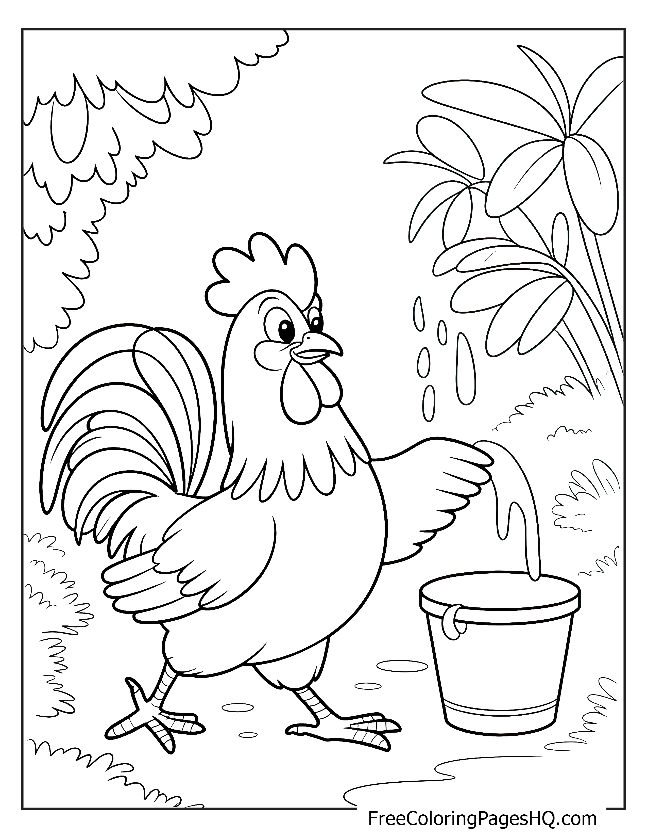 A cheerful chicken carrying a bucket in a garden setting.