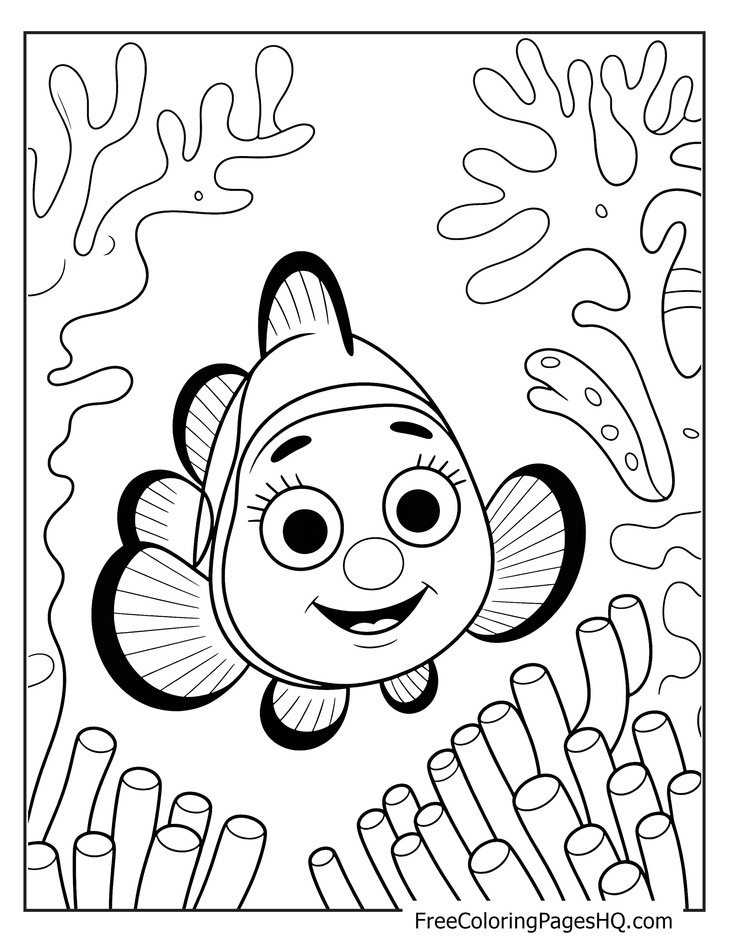 Clownfish with corals in an underwater scene.