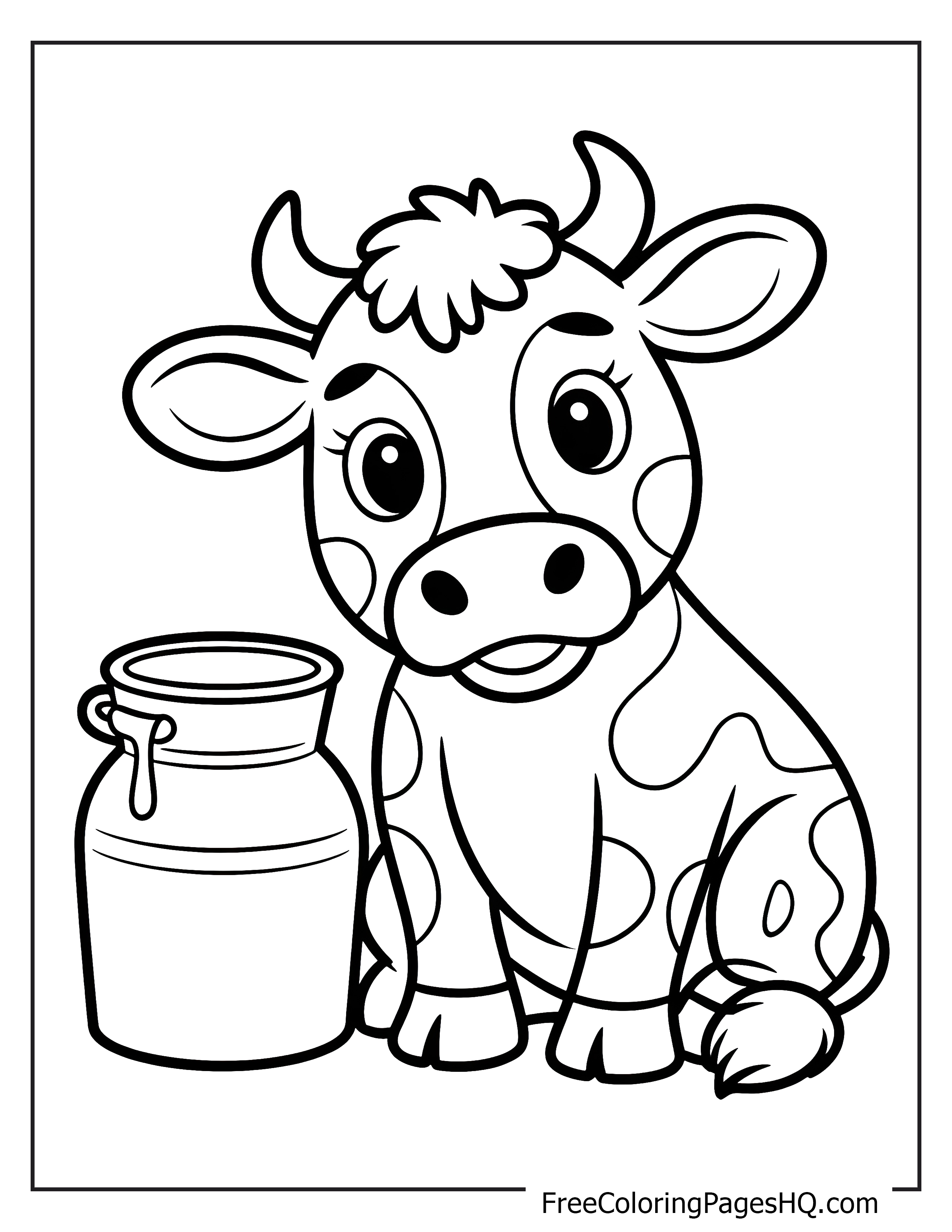 A happy cow sitting next to a milk churn.