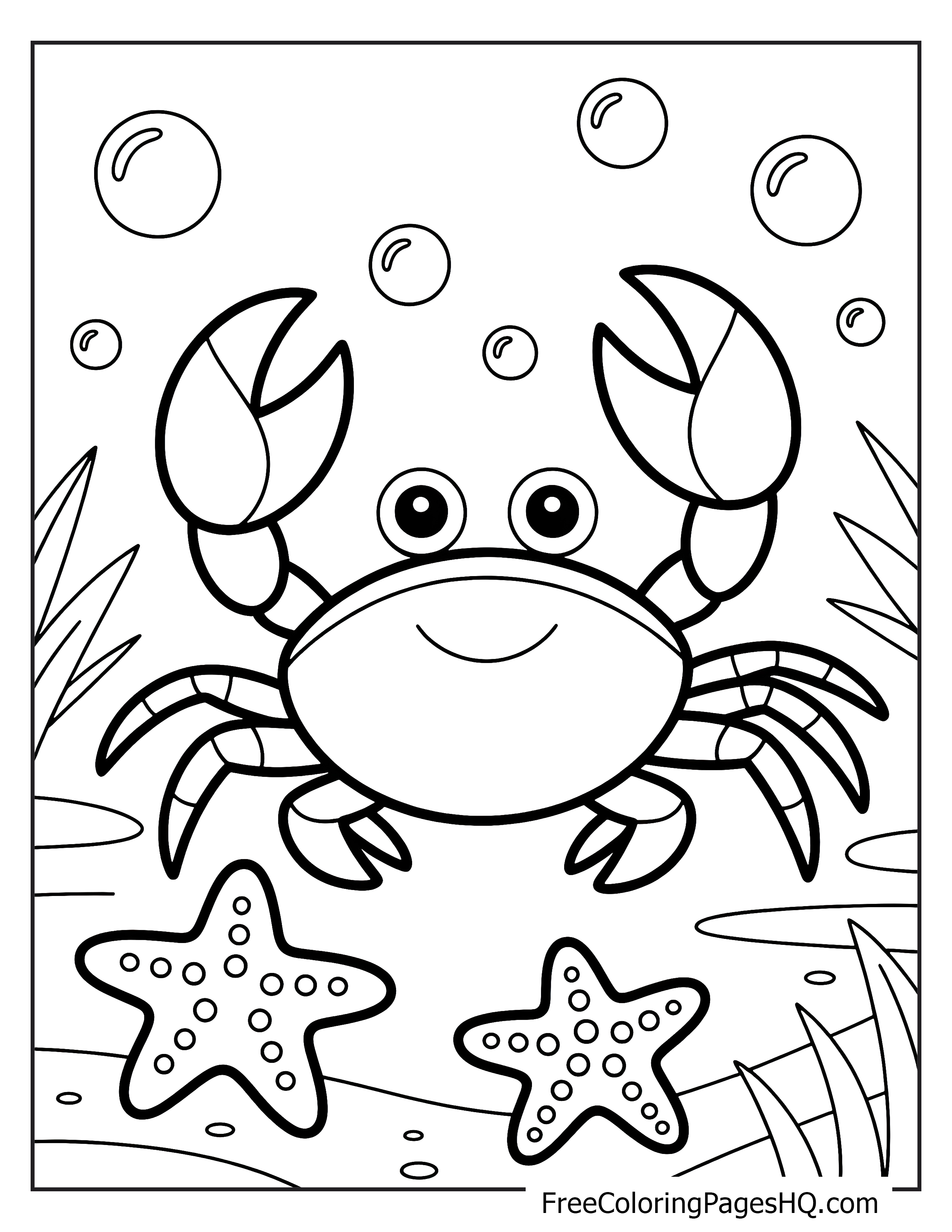 A smiling crab with raised claws surrounded by bubbles and two starfish at the bottom.