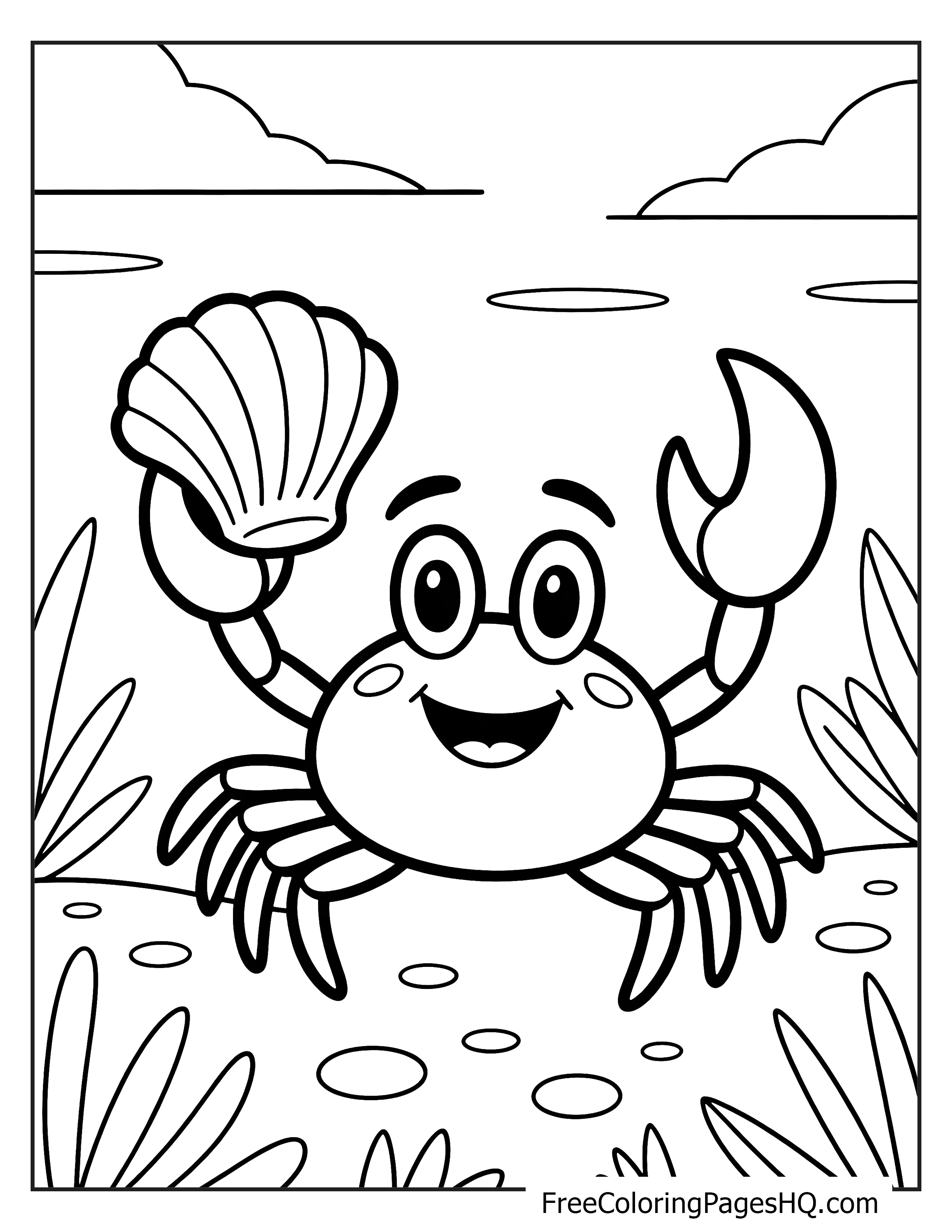 Happy crab holding a seashell at the beach with a smile.
