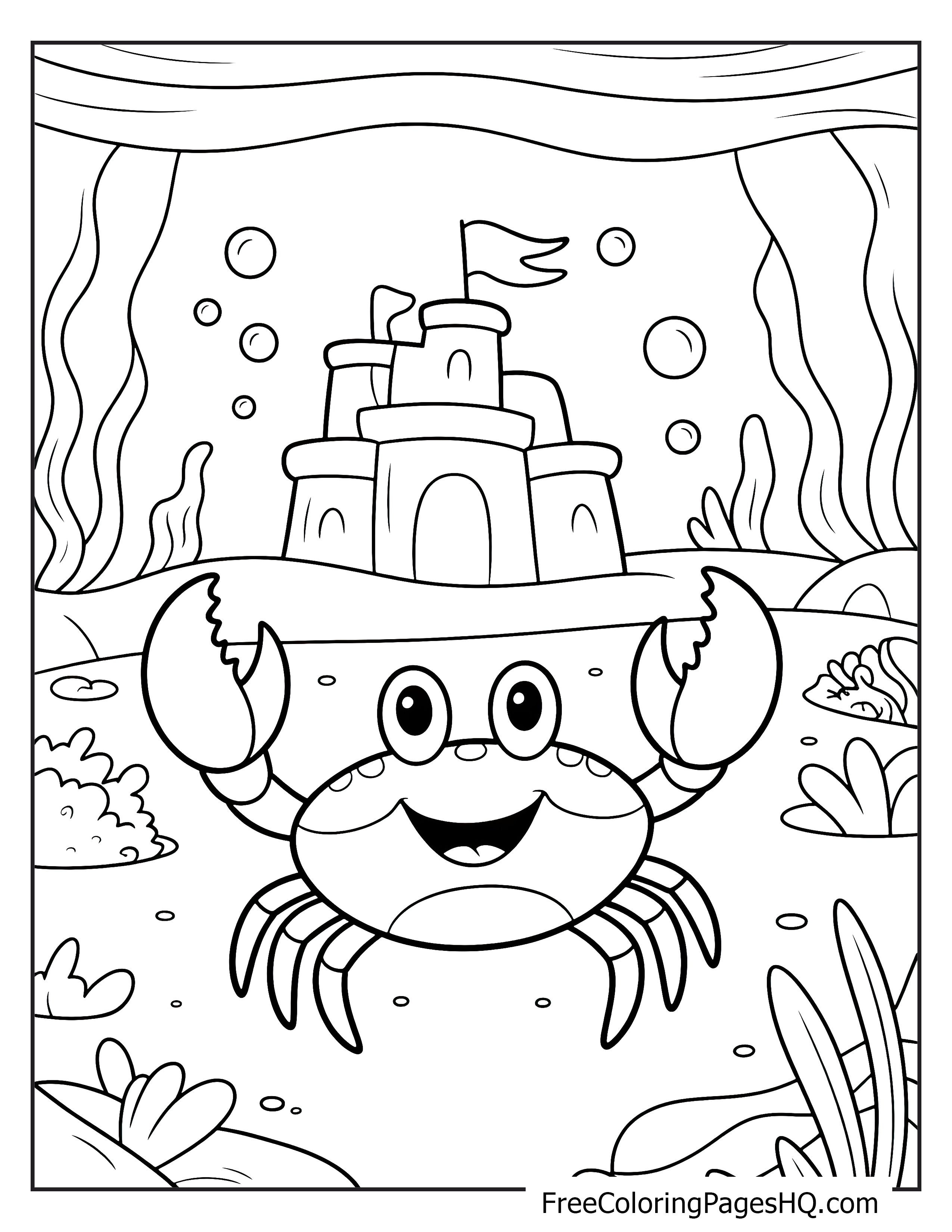 A smiling crab lifts its claws beside a sandcastle in the ocean.