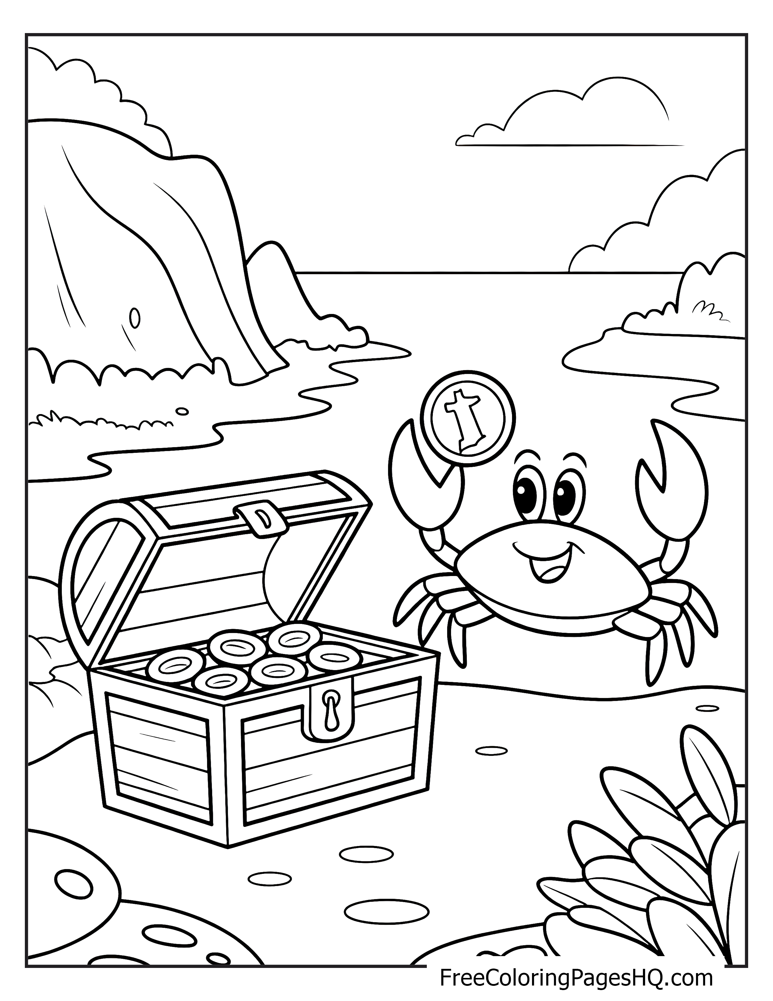 A happy crab holding a coin next to an open treasure chest by the sea.