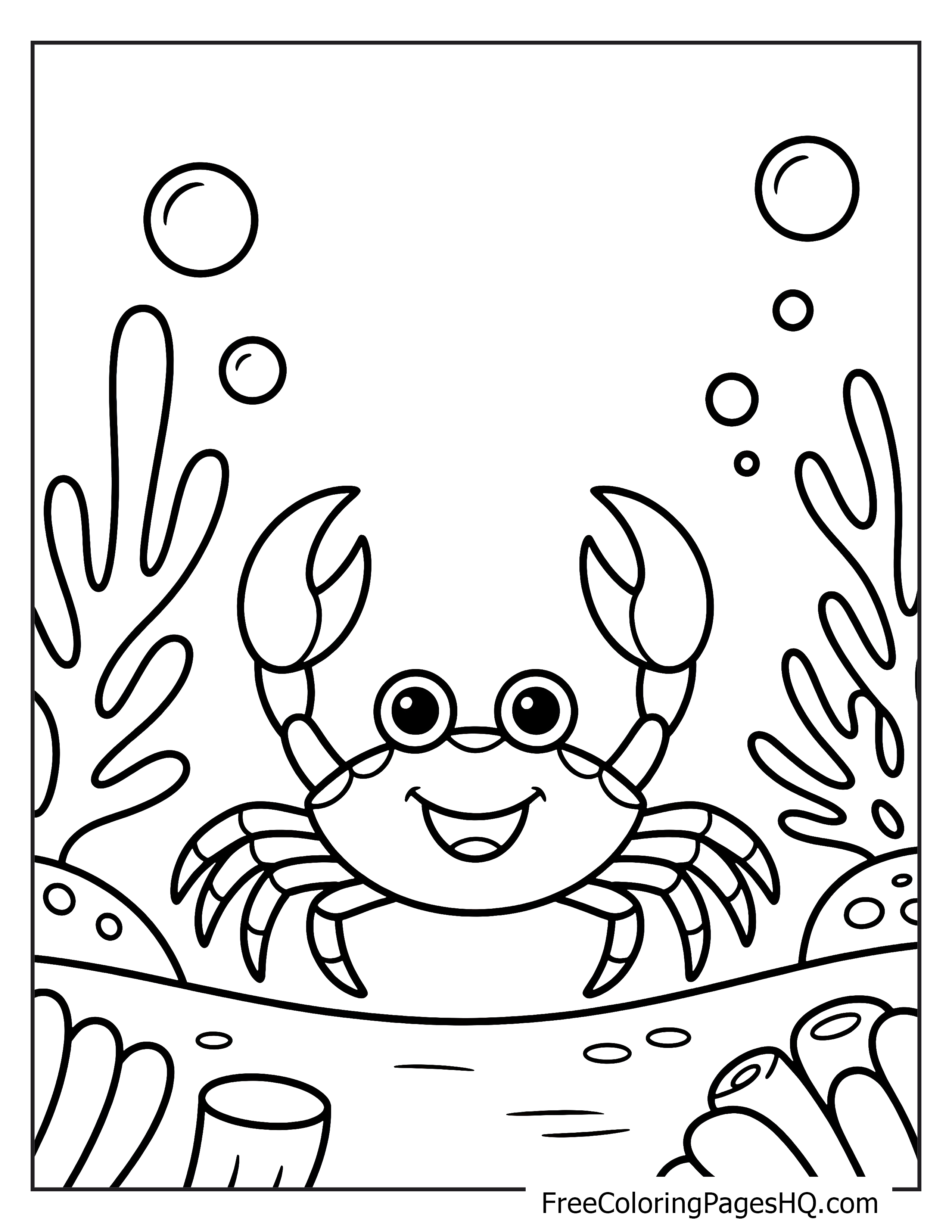 A smiling crab with raised claws surrounded by seaweed and bubbles.