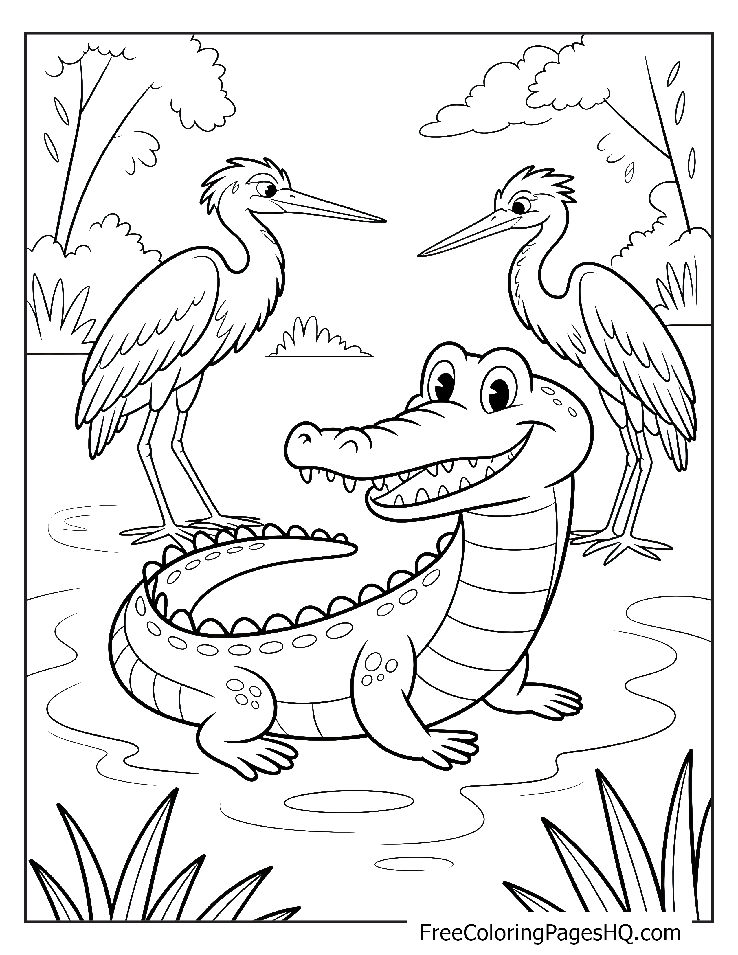 A happy crocodile in a pond with two herons standing close.