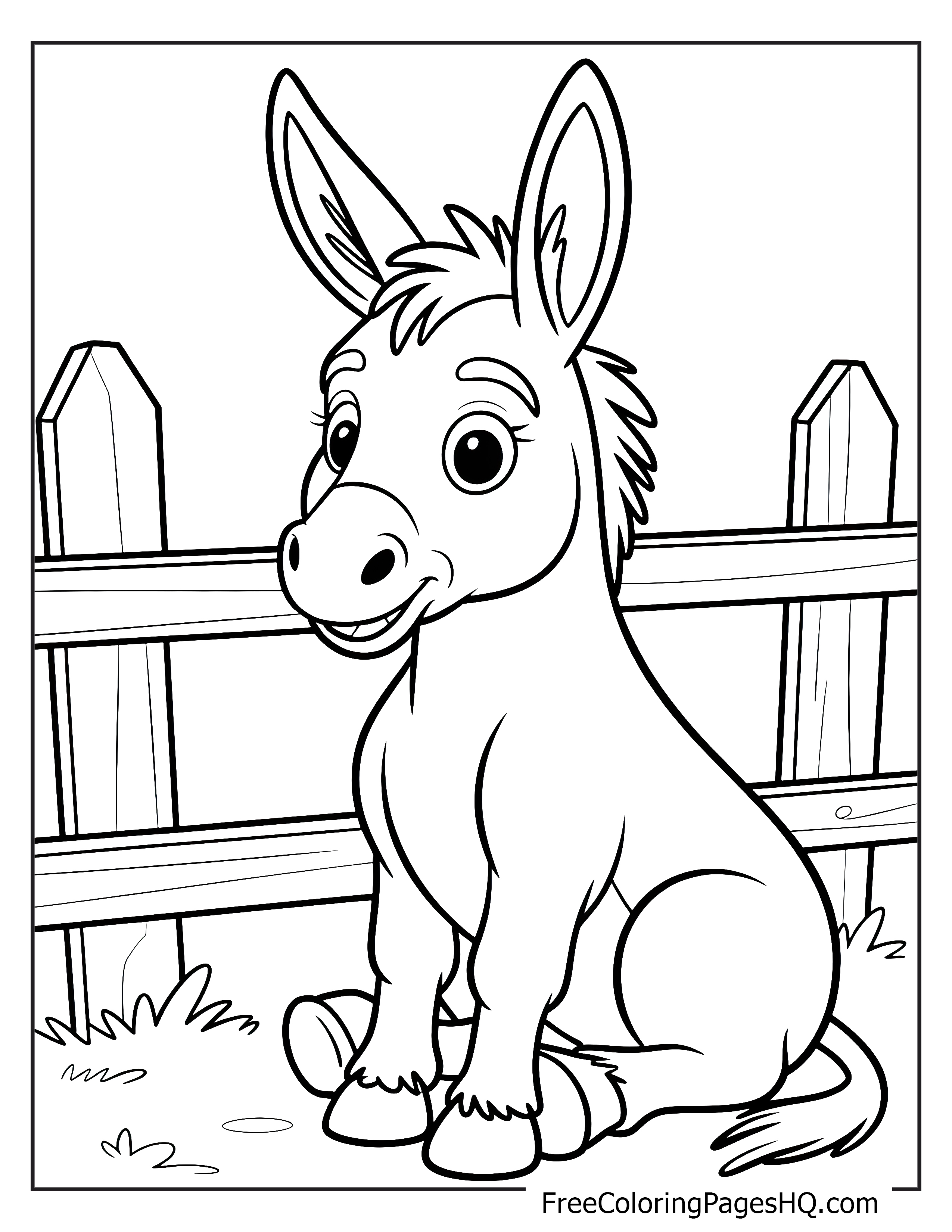 A cheerful donkey sits by a wooden fence, smiling with big eyes.