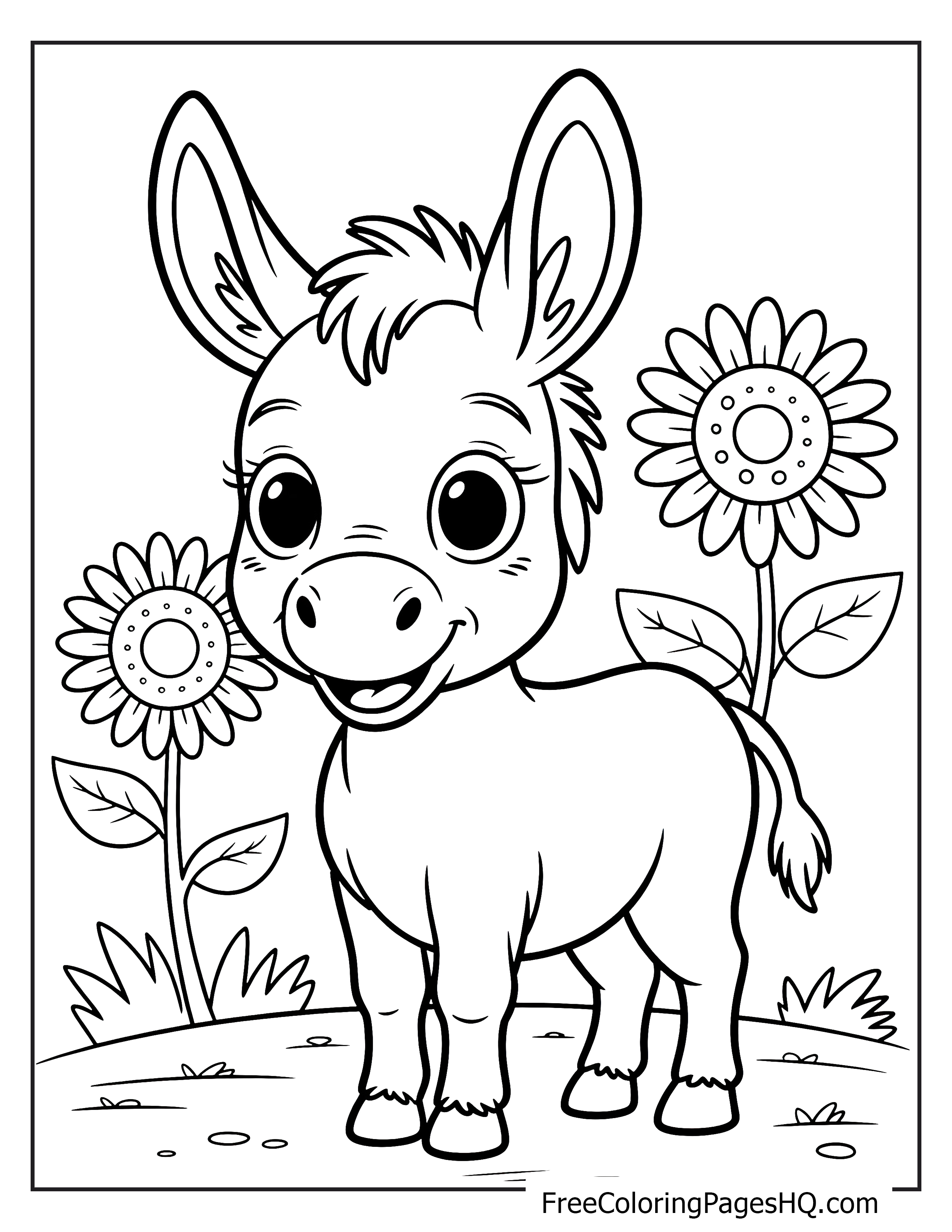 A smiling donkey with big eyes stands near two sunflowers.