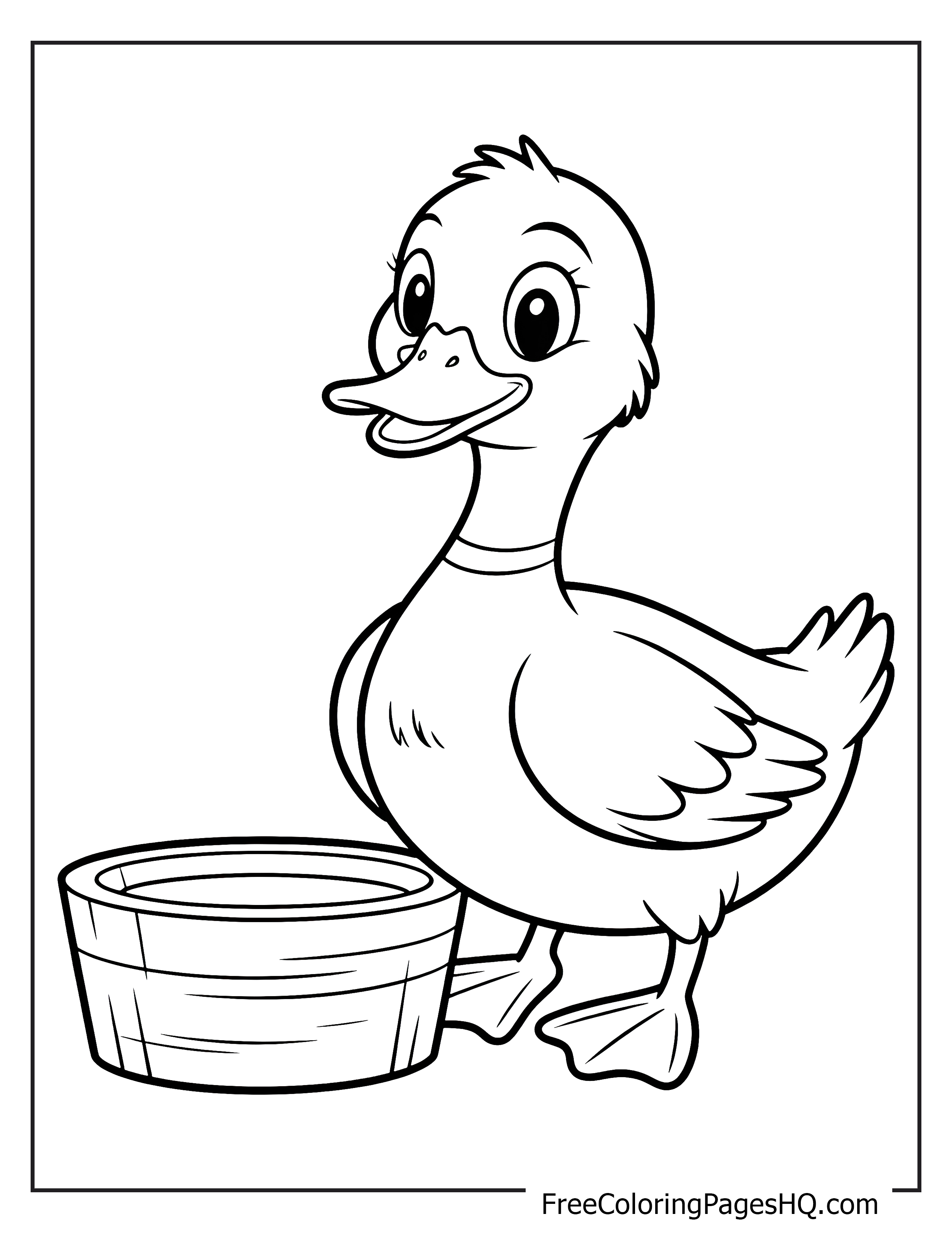 A cheerful duck stands next to a wooden bucket filled with water.
