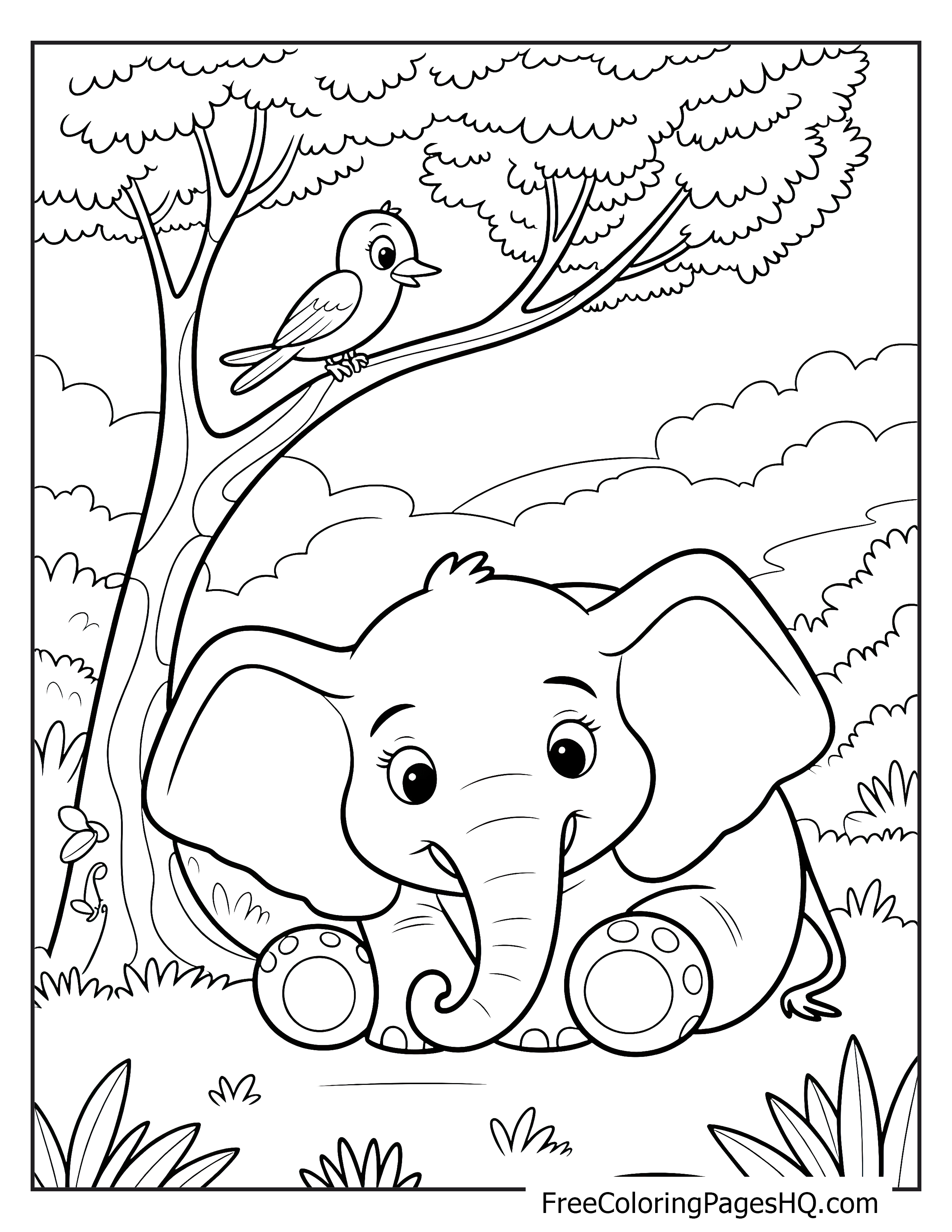 Elephant sitting under a tree with a bird on a branch.