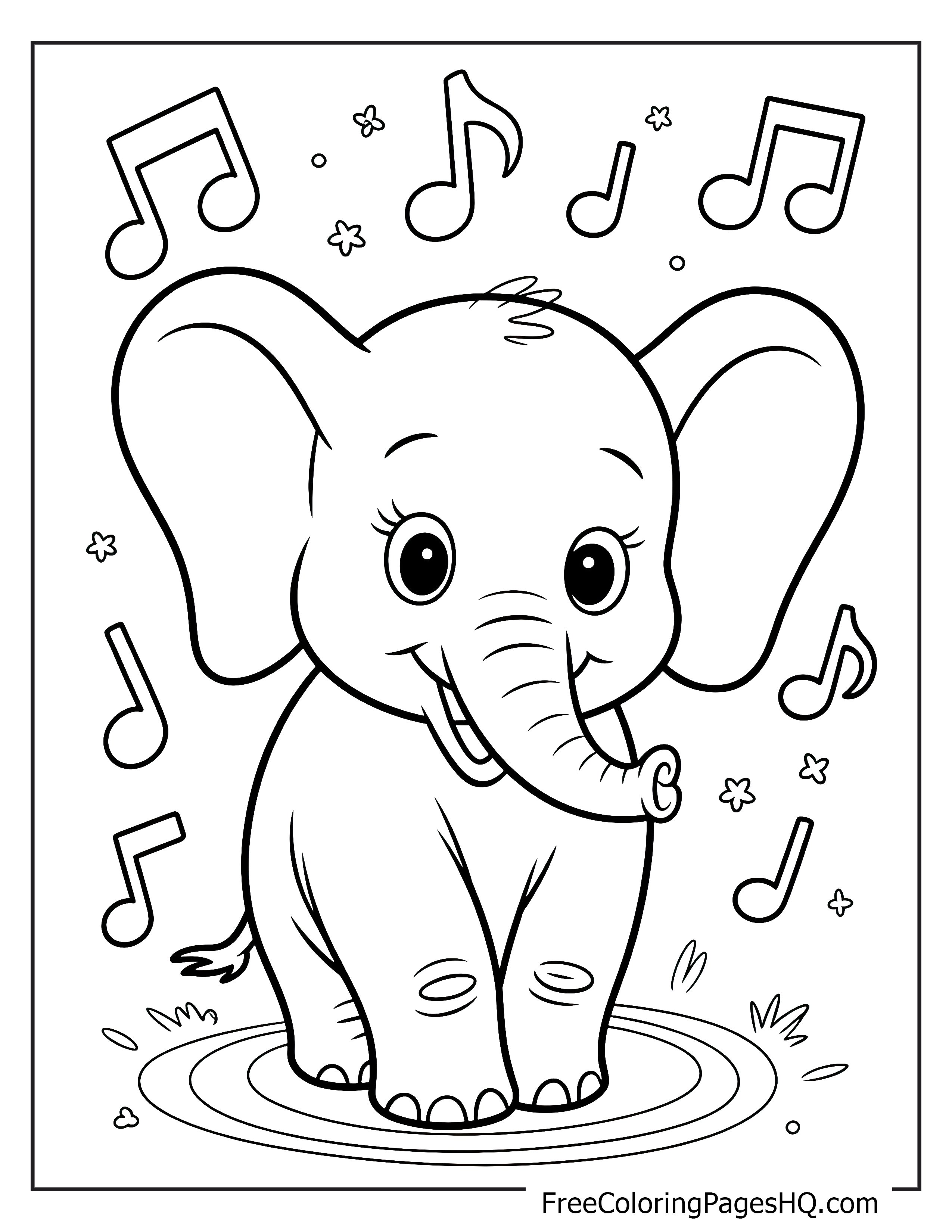 Happy elephant dancing with music notes around.