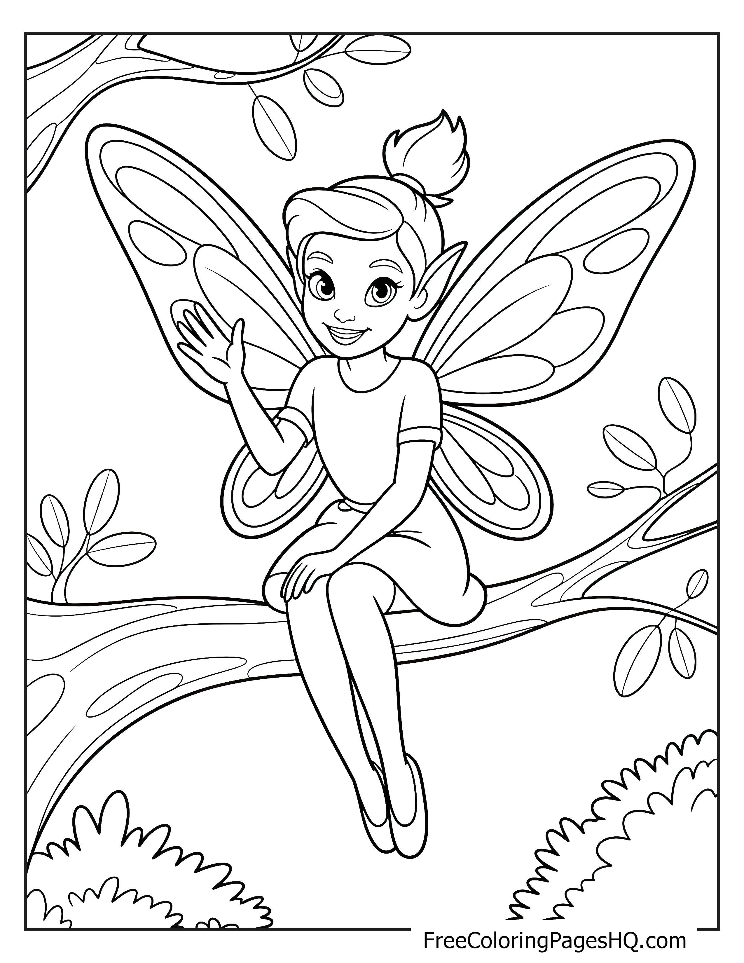 A fairy with large wings sits on a tree branch and waves.