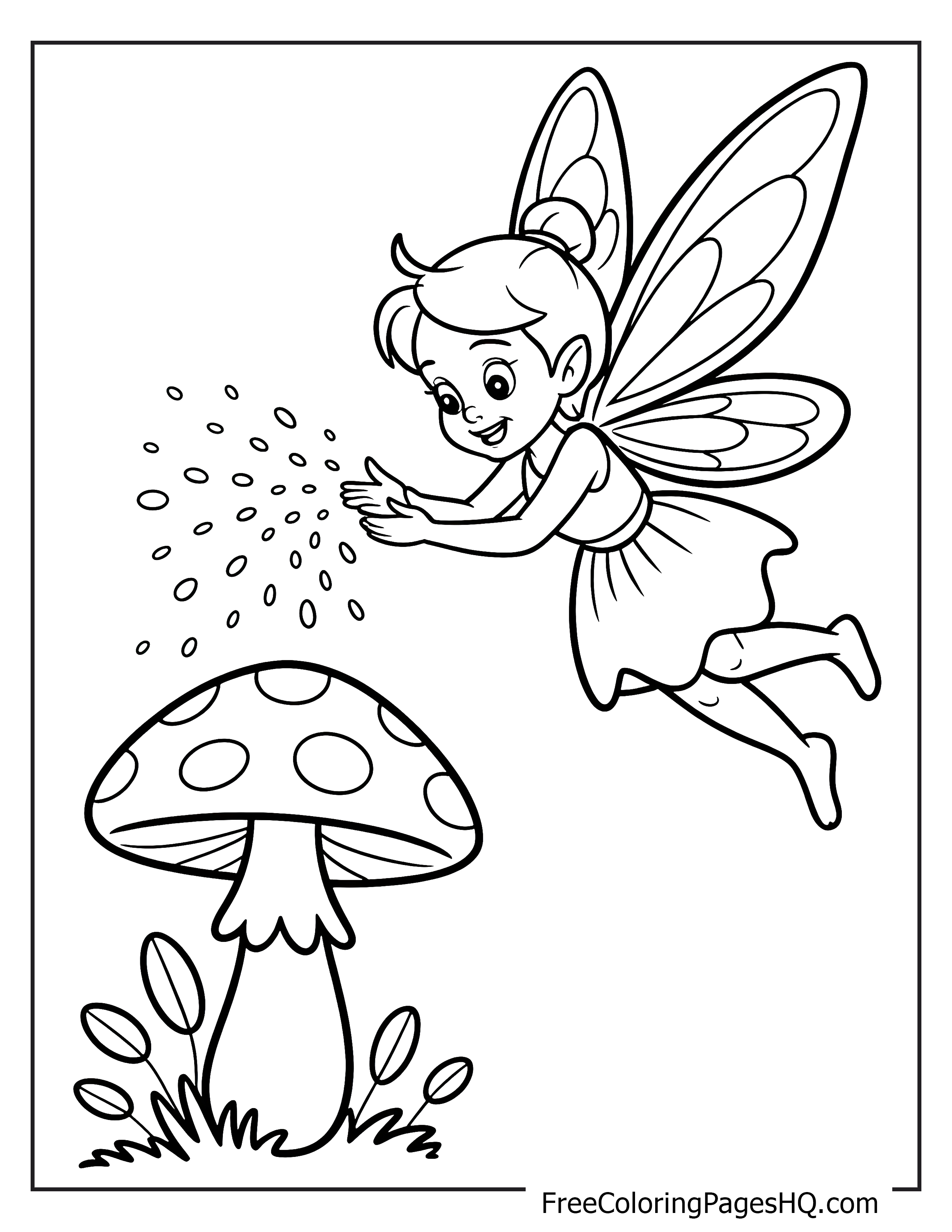 A fairy joyfully sprinkles magic dust on a mushroom.